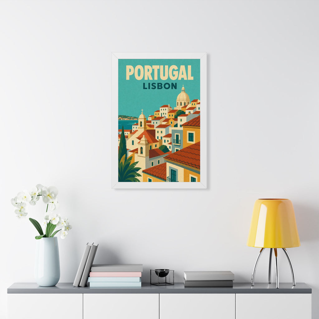 Lisbon Portugal Framed Poster | Vintage Travel Wall Art | Black Walnut White Frame | 16x24 20x30