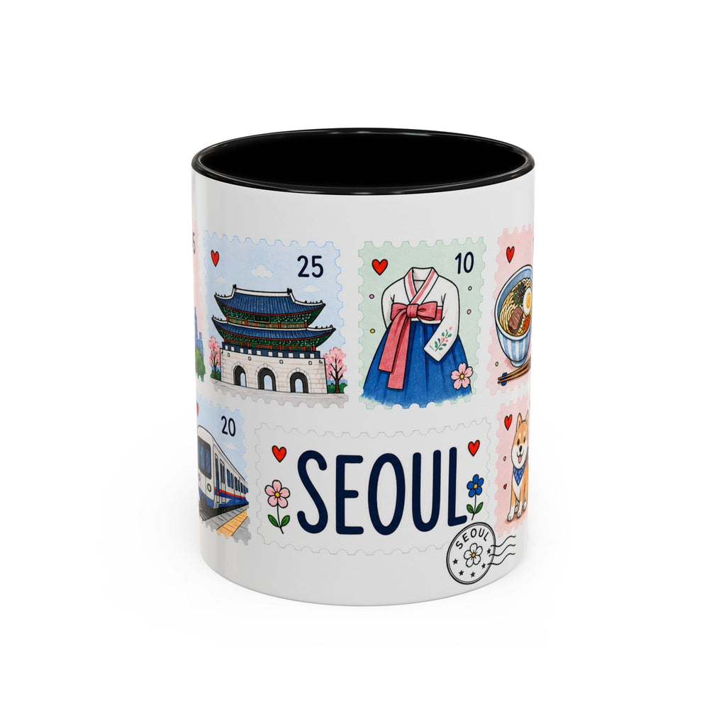 Seoul Coffee Mug | Postage Stamp Collage Mug | Travel Souvenir Accent Cup 11oz 15oz