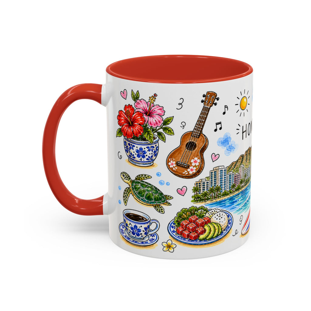 Honolulu Illustrated Travel Mug | City Souvenir Accent Coffee Mug | 11oz 15oz Ceramic Cup