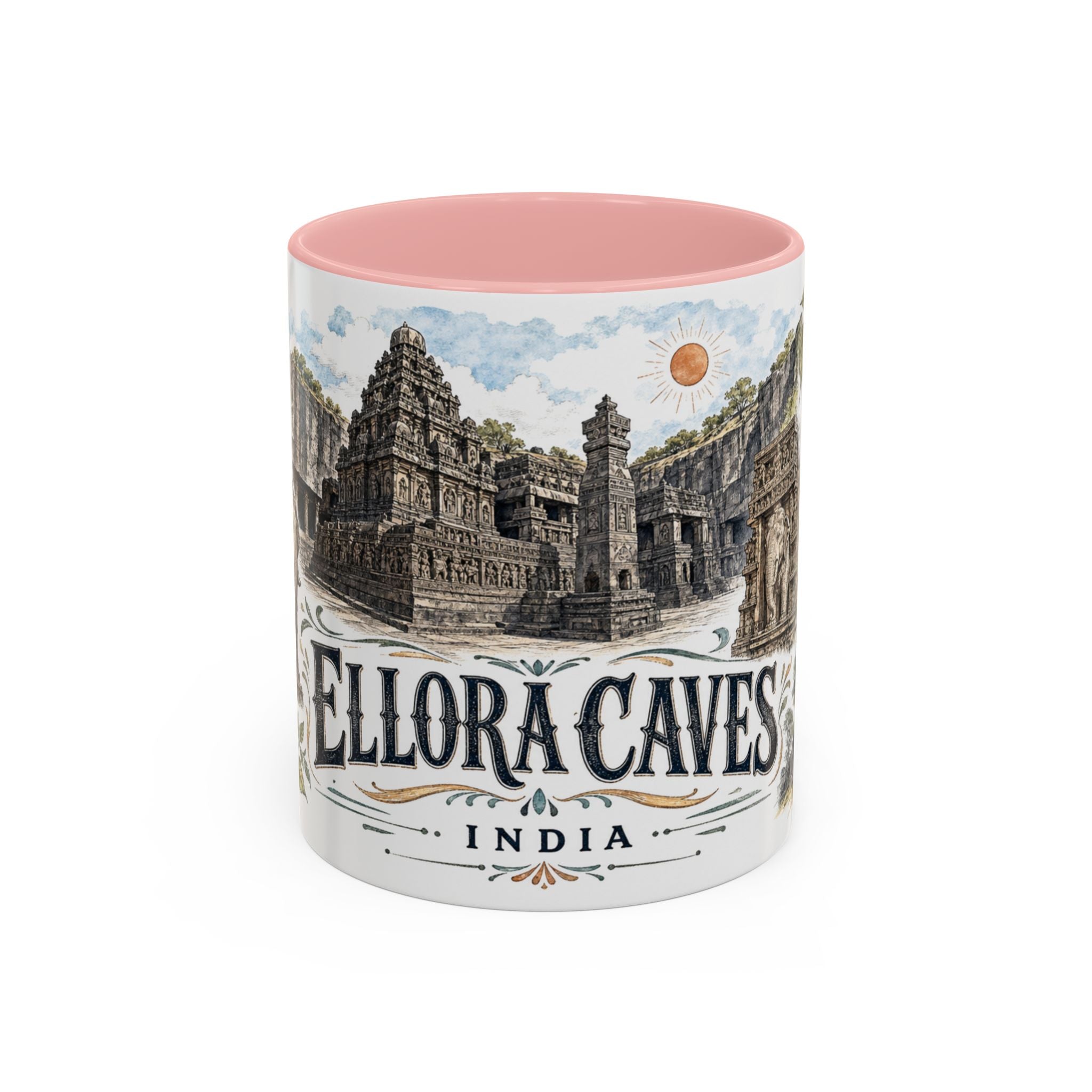 Ellora Caves Mug, India Travel Souvenir, Bucket List Gift, Accent Ceramic Coffee Mug 11oz 15oz