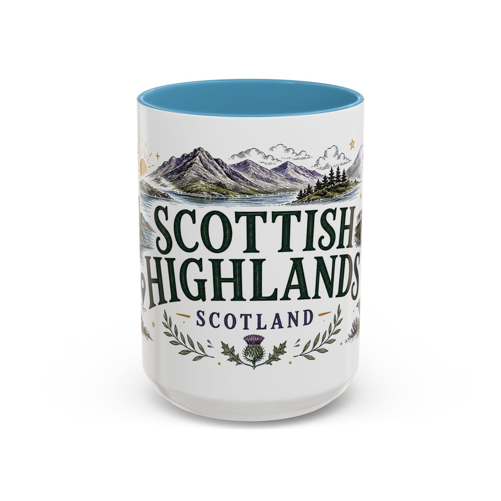 Scottish Highlands Coffee Mug | Travel Destination Souvenir Gift | Accent Color Ceramic 11oz 15oz