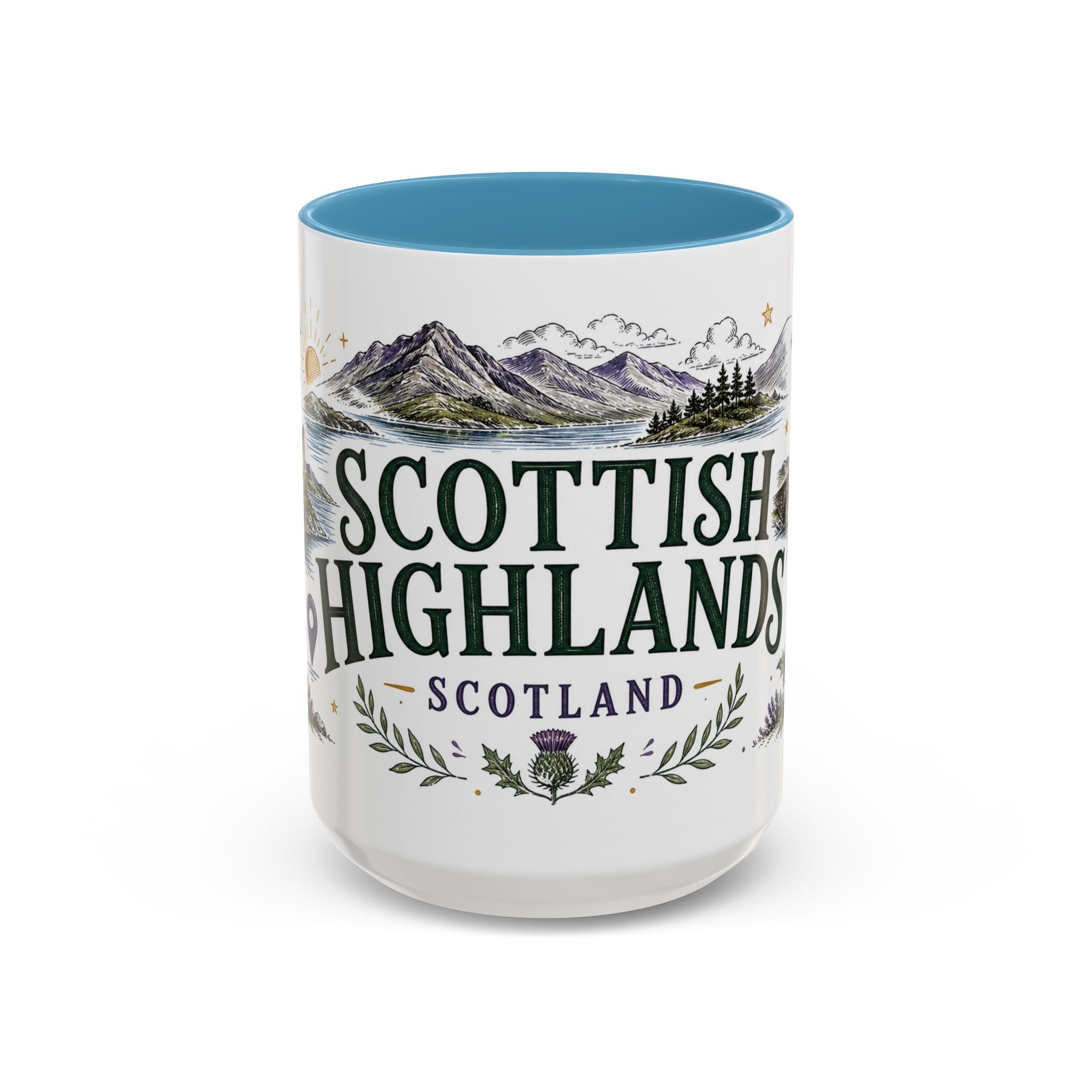 Scottish Highlands Coffee Mug | Travel Destination Souvenir Gift | Accent Color Ceramic 11oz 15oz
