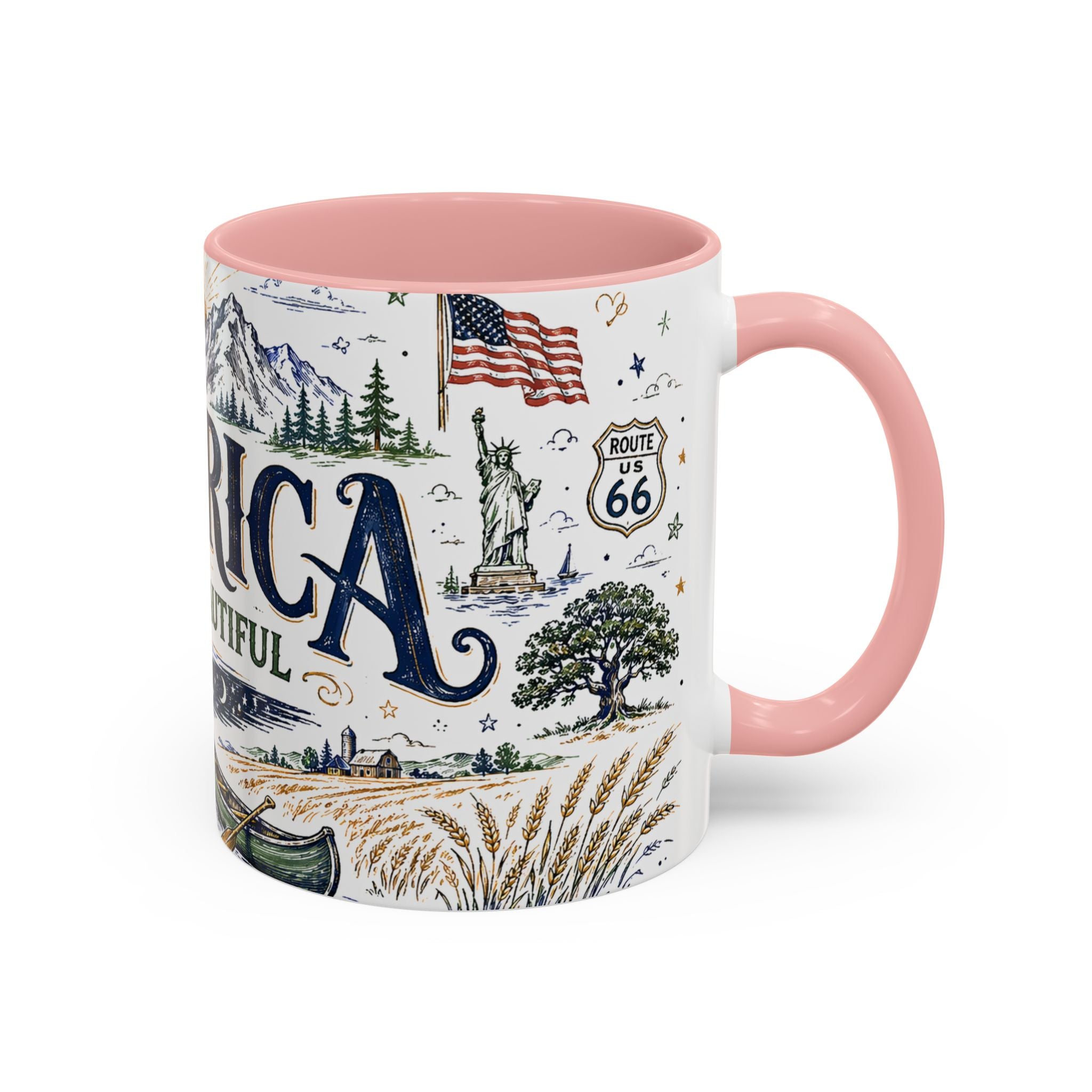 America the Beautiful Coffee Mug | Patriotic USA Gift | Accent Color Ceramic 11oz 15oz