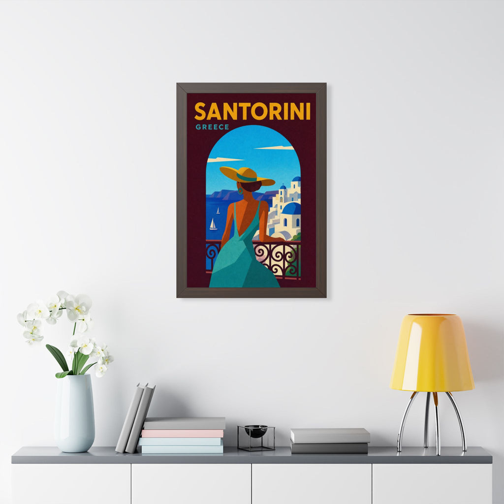 Santorini Greece Framed Poster | Vintage Travel Wall Art | Black Walnut White Frame | 16x24 20x30