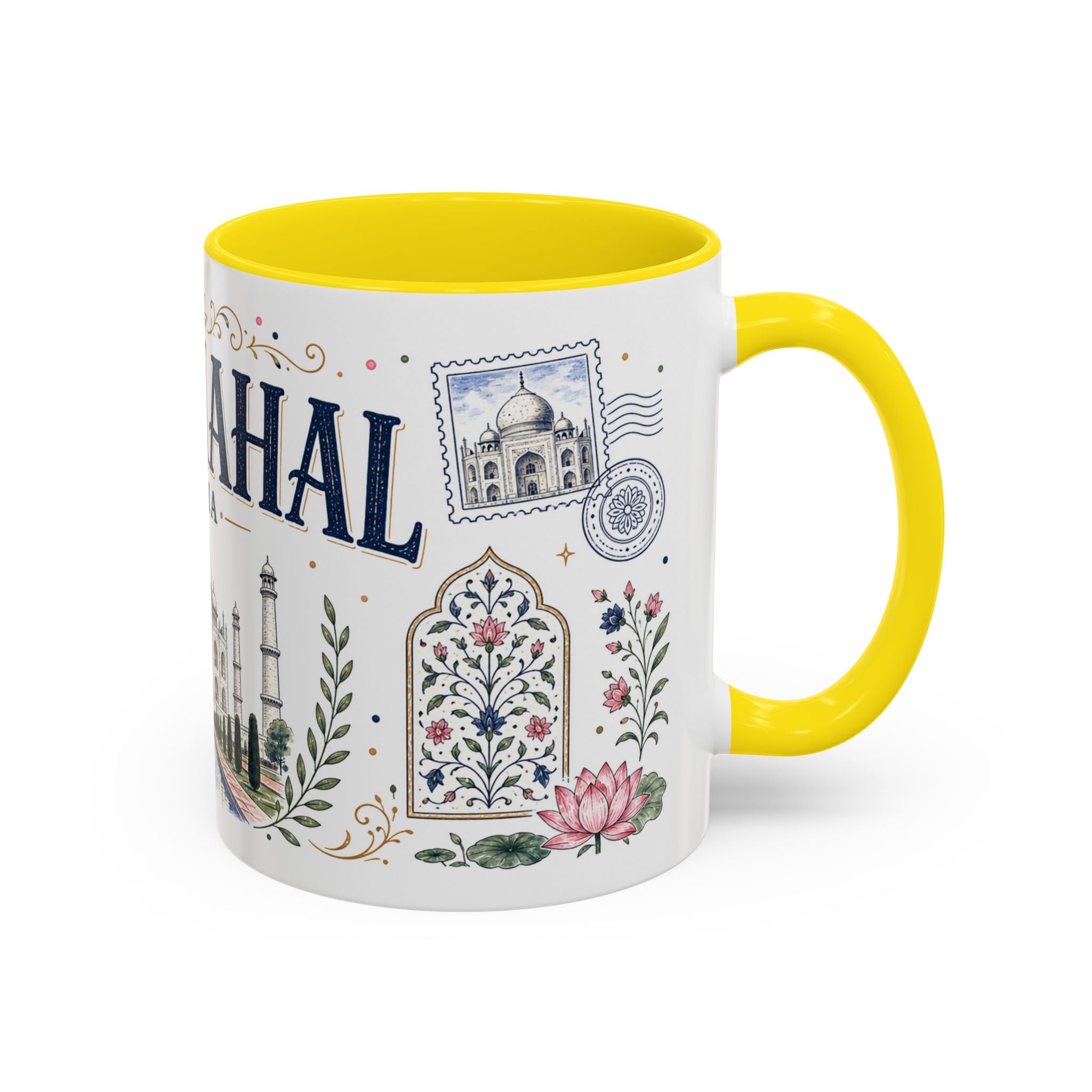 Taj Mahal Coffee Mug | Travel Destination Souvenir Gift | Accent Color Ceramic 11oz 15oz