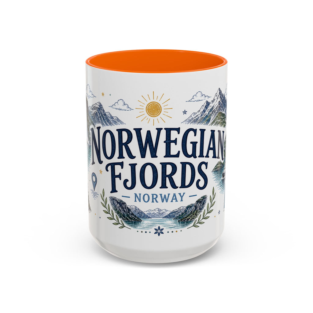 Norwegian Fjords Coffee Mug | Travel Destination Souvenir Gift | Accent Color Ceramic 11oz 15oz