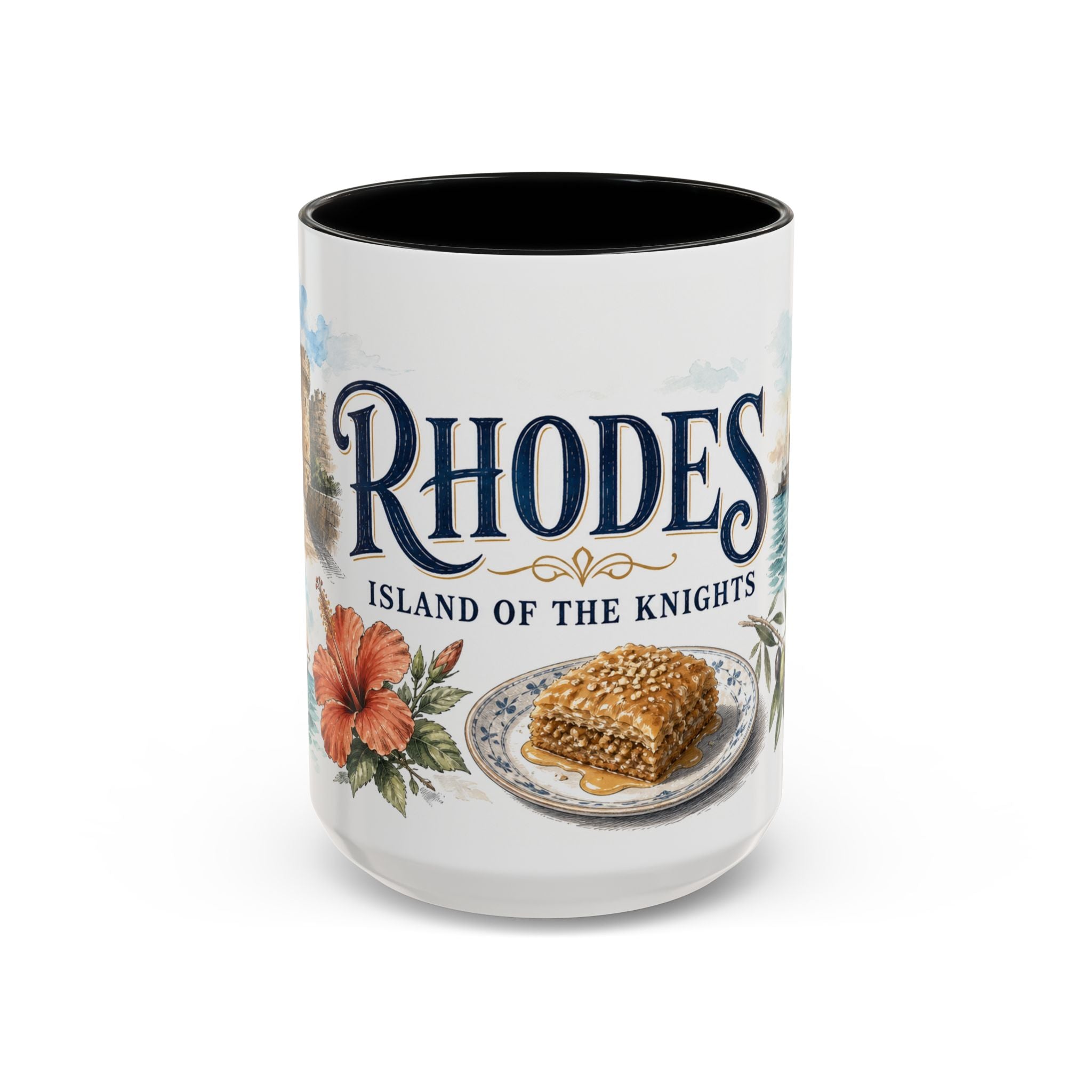 Rhodes Coffee Mug | Greece Travel Souvenir | Vintage Illustrated City Gift | 11 oz 15 oz Accent Mug