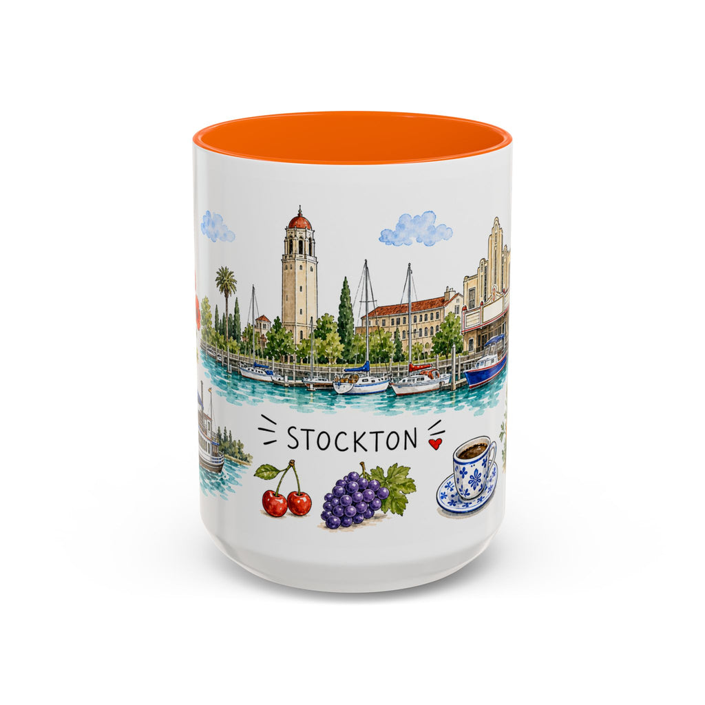 Stockton Illustrated Travel Mug | City Souvenir Accent Coffee Mug | 11oz 15oz Ceramic Cup
