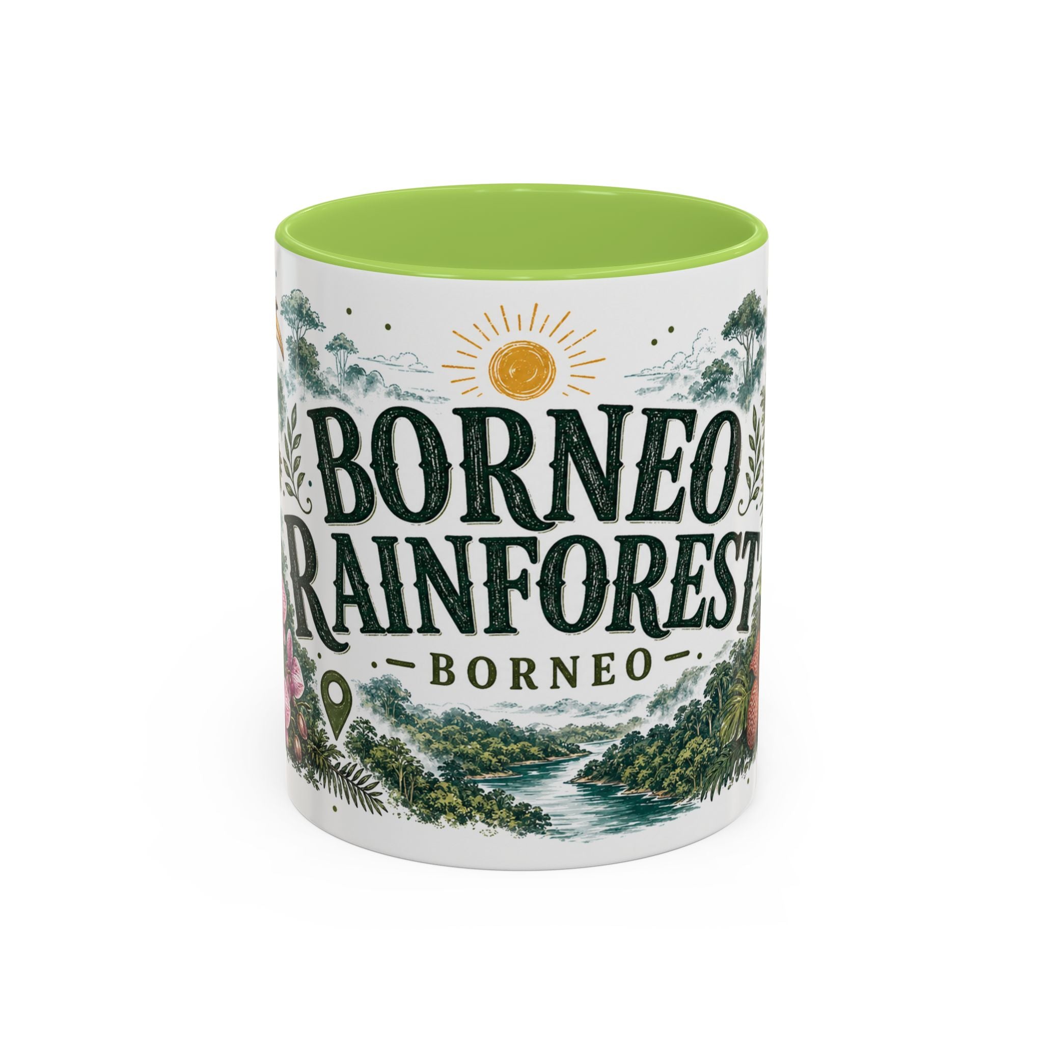 Borneo Rainforest Coffee Mug | Travel Destination Souvenir Gift | Accent Color Ceramic 11oz 15oz