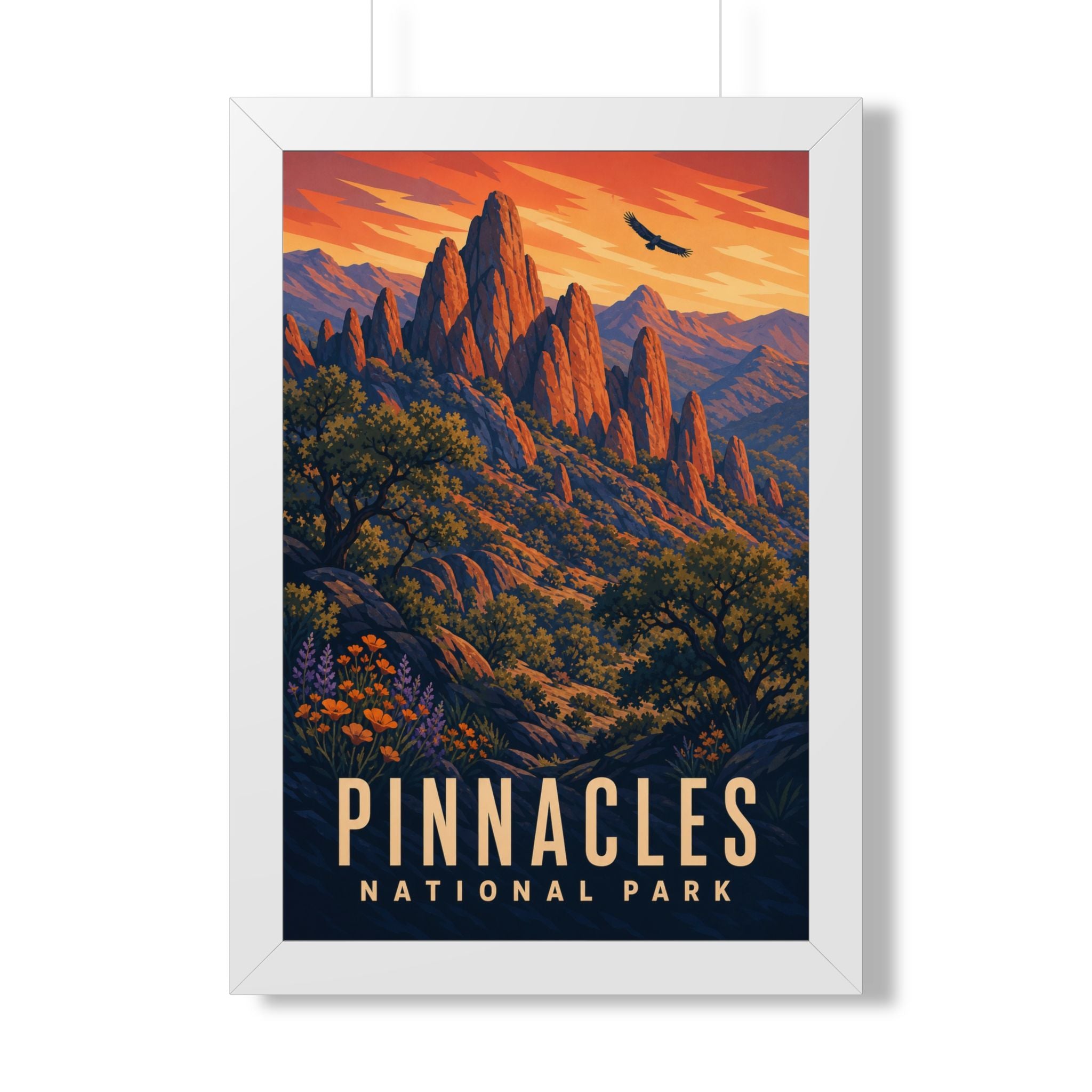 Pinnacles National Park Framed Poster | Vintage Travel Wall Art | Black Walnut White Frame | 16x24 20x30