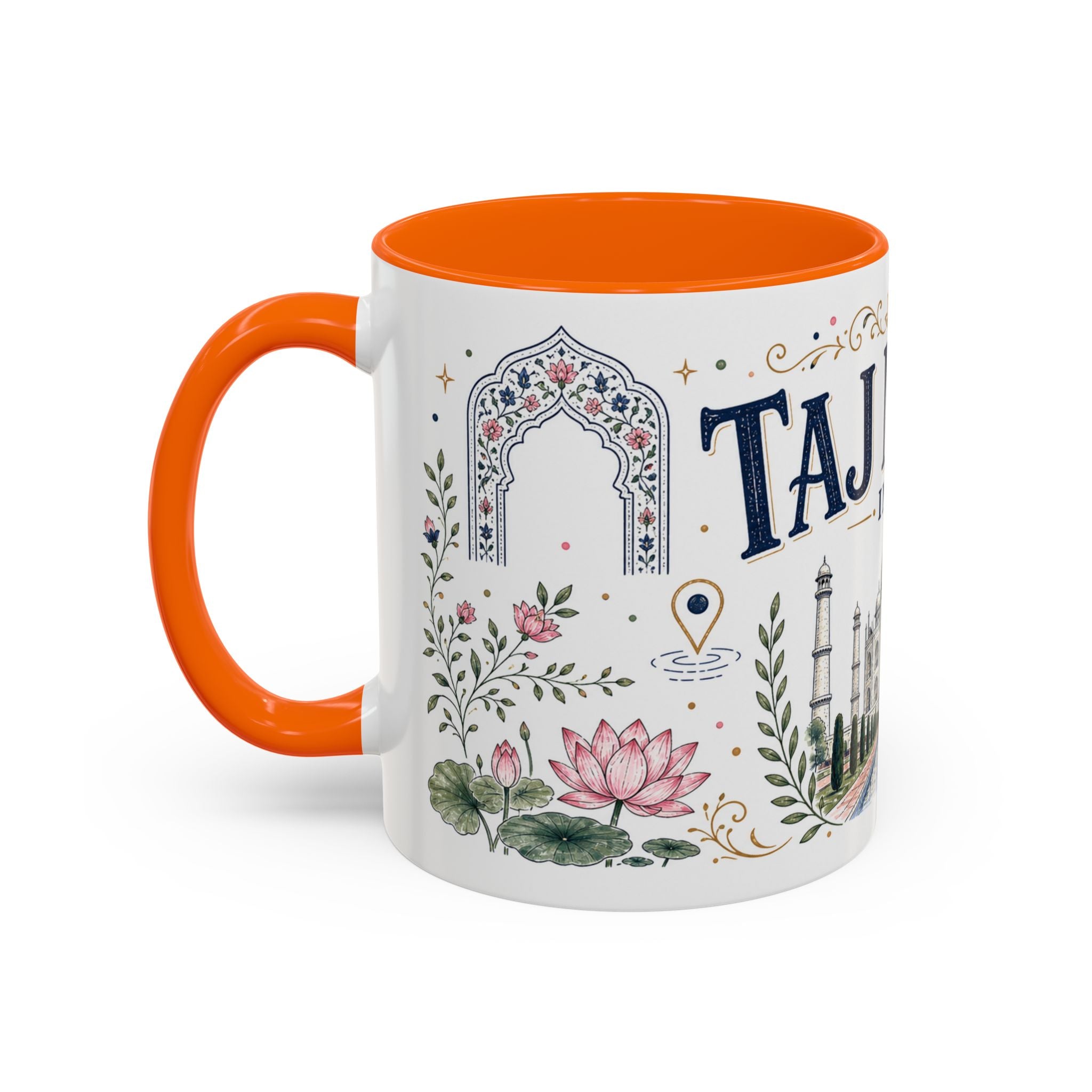 Taj Mahal Coffee Mug | Travel Destination Souvenir Gift | Accent Color Ceramic 11oz 15oz