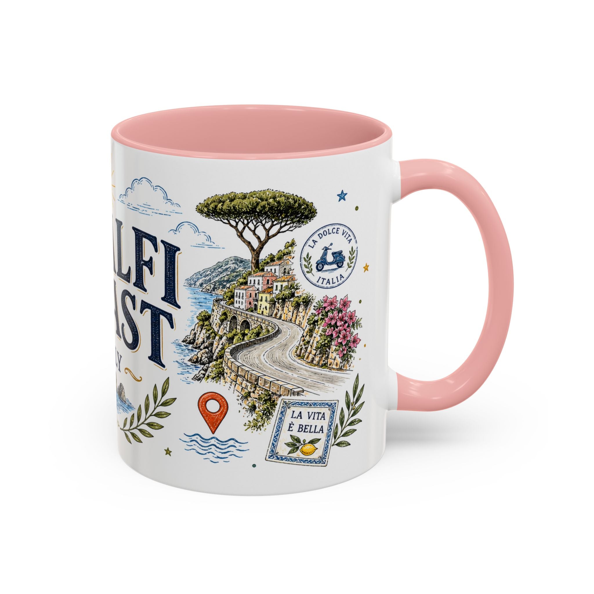 Amalfi Coast Coffee Mug | Travel Destination Souvenir Gift | Accent Color Ceramic 11oz 15oz