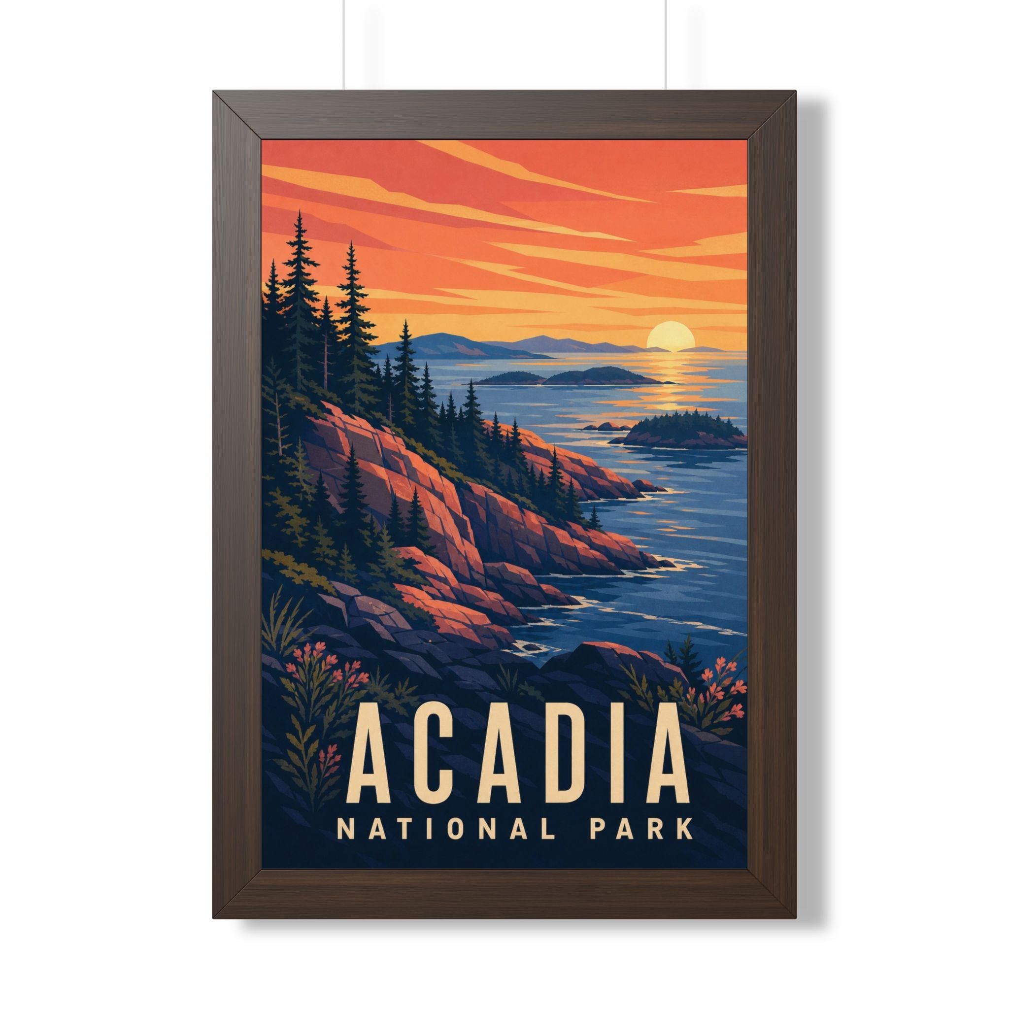 Acadia National Park Framed Poster | Vintage Travel Wall Art | Black Walnut White Frame | 16x24 20x30