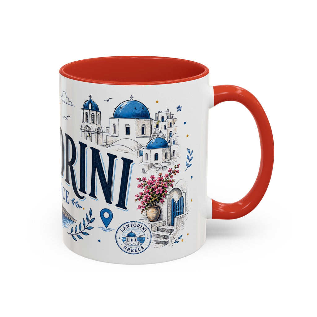 Santorini Coffee Mug | Travel Destination Souvenir Gift | Accent Color Ceramic 11oz 15oz