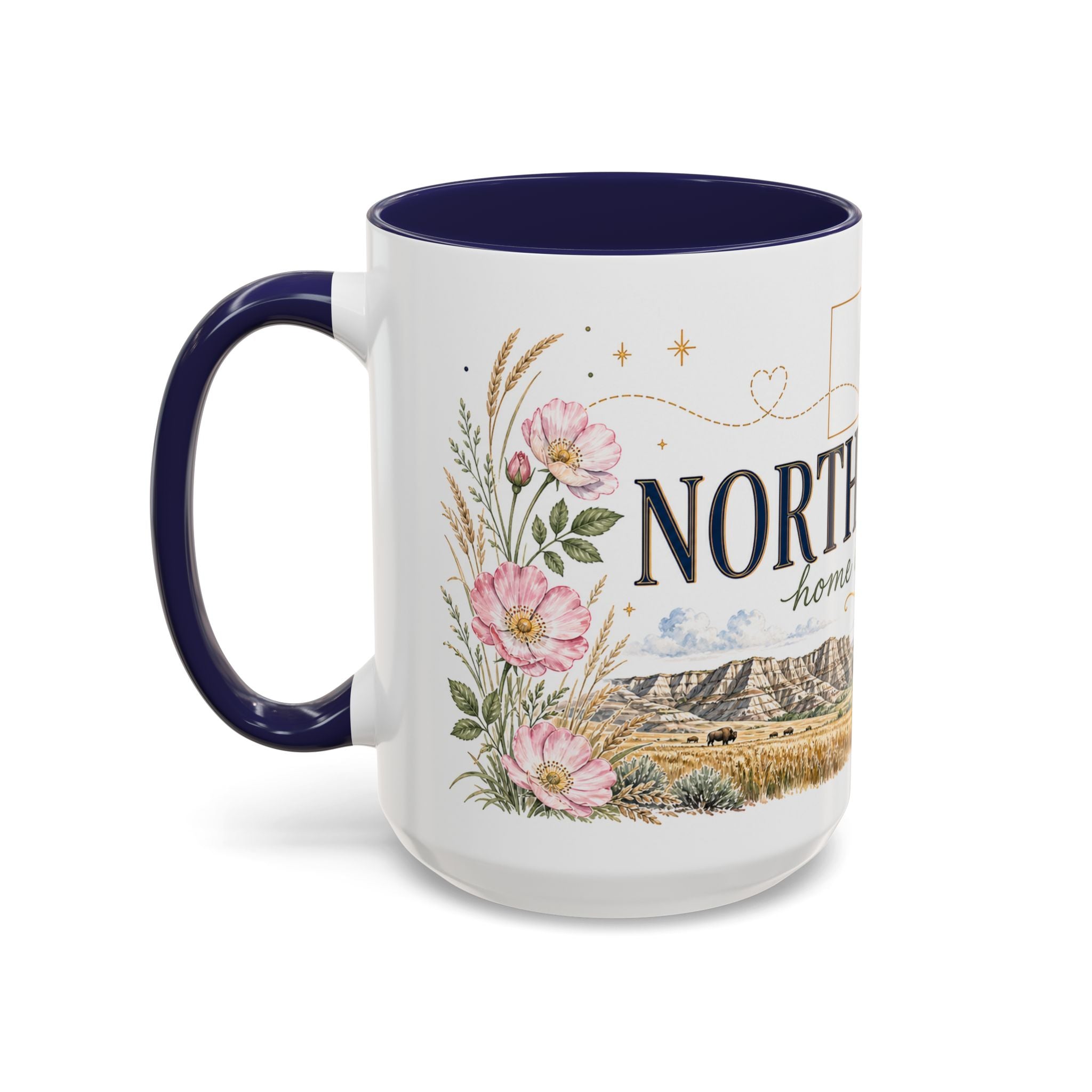 North Dakota State Map Mug | Prairie Rose Botanical Accent Coffee Cup