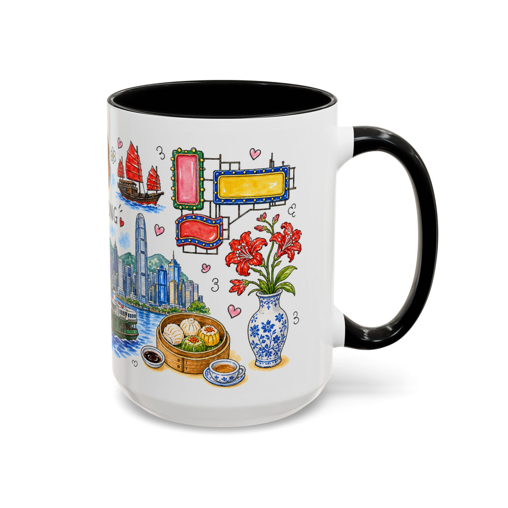 Hong Kong Illustrated Travel Mug | City Souvenir Accent Coffee Mug | 11oz 15oz Ceramic Cup