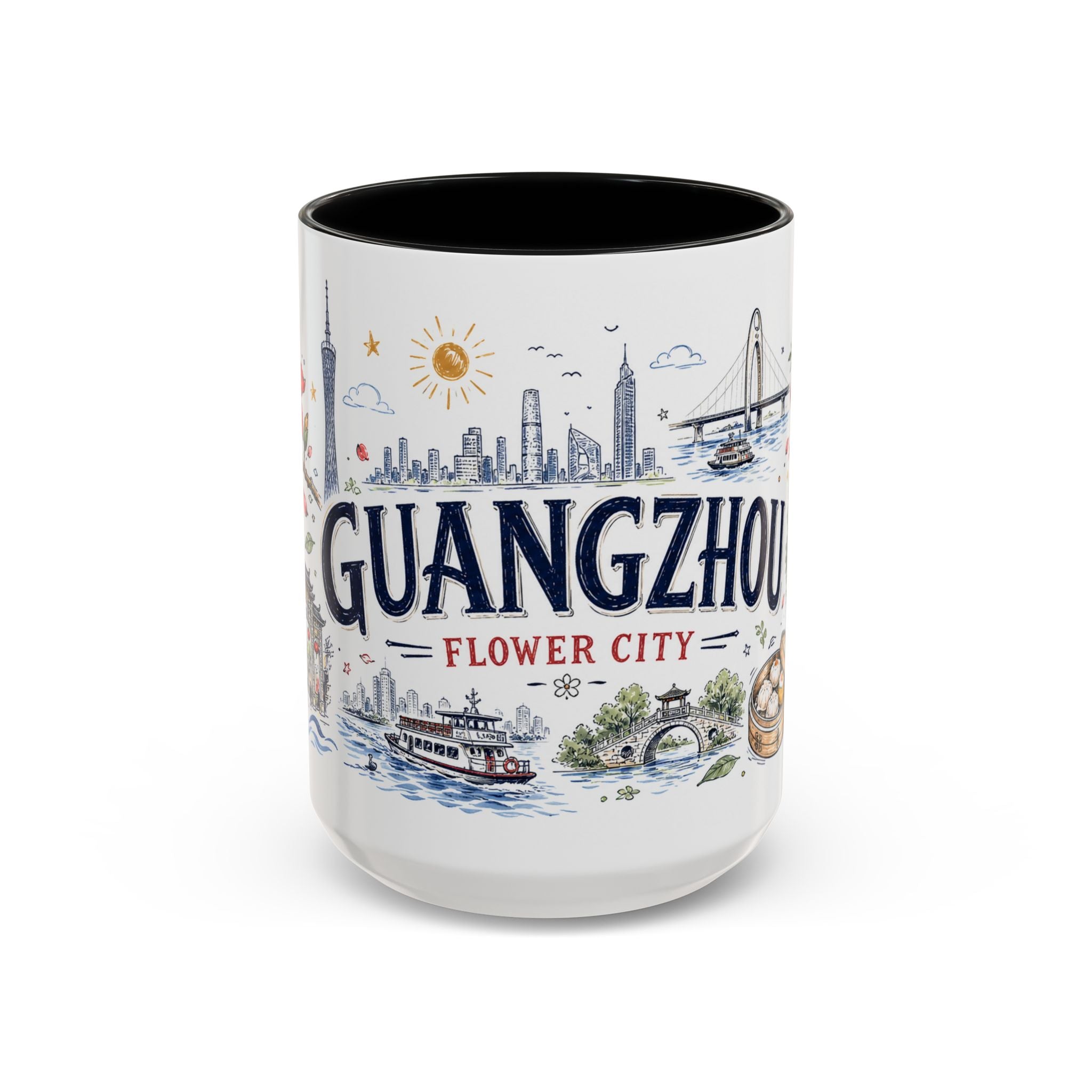 Guangzhou Coffee Mug | China Souvenir Travel Gift | Accent Color Ceramic 11oz 15oz