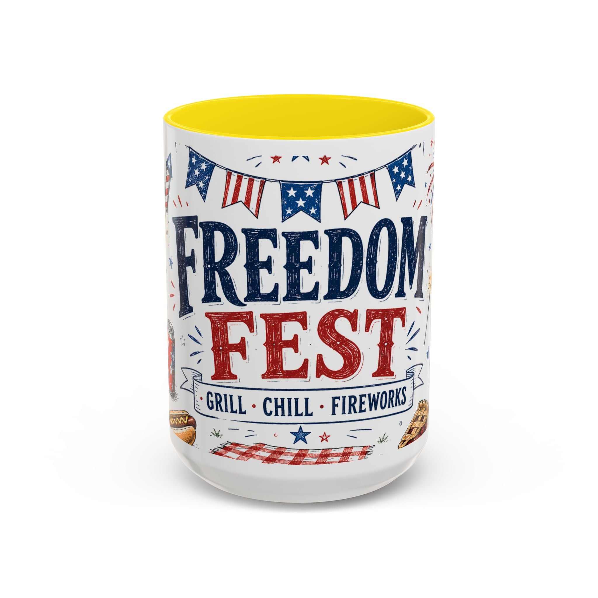 Freedom Fest Coffee Mug | Grill Chill Fireworks 4th of July | Accent Color Ceramic 11oz 15oz