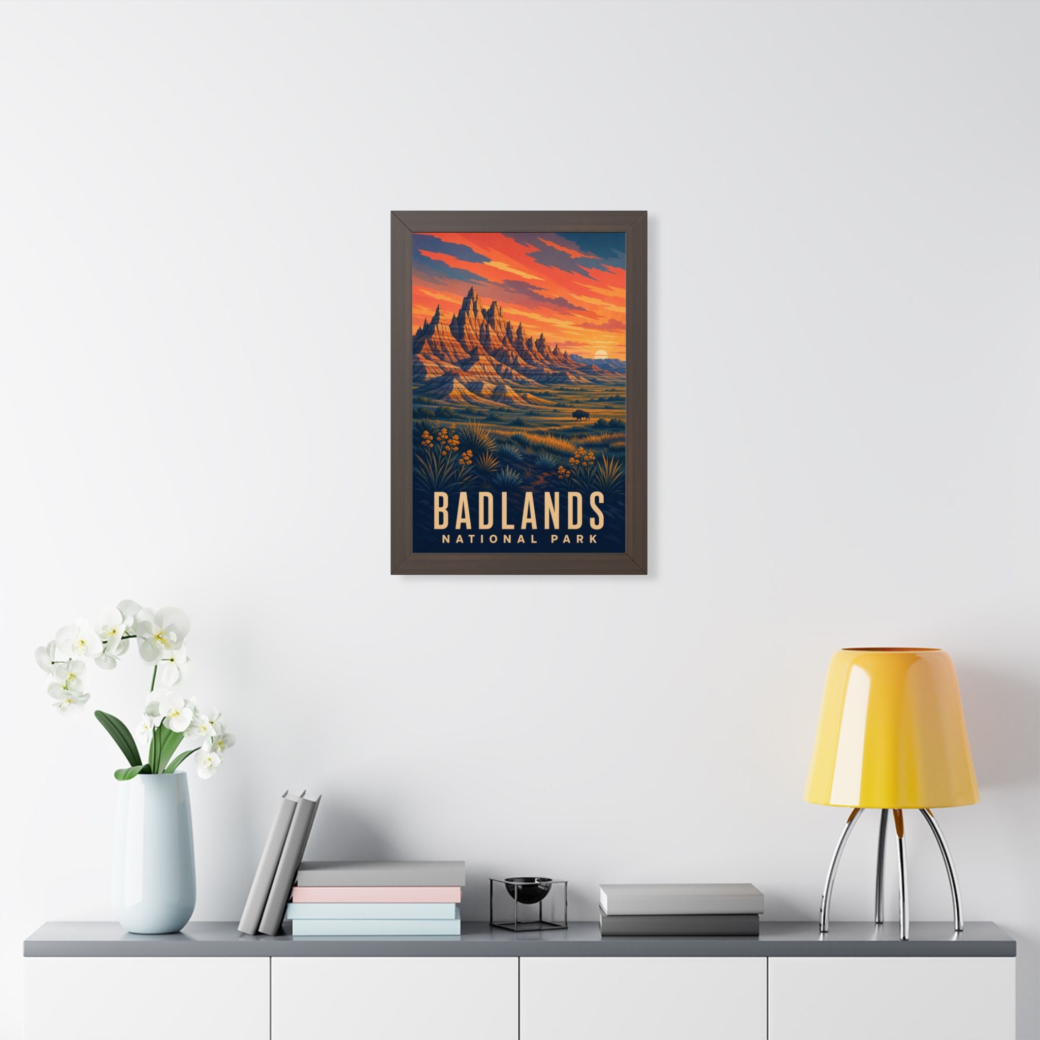 Badlands National Park Framed Poster | Vintage Travel Wall Art | Black Walnut White Frame | 16x24 20x30
