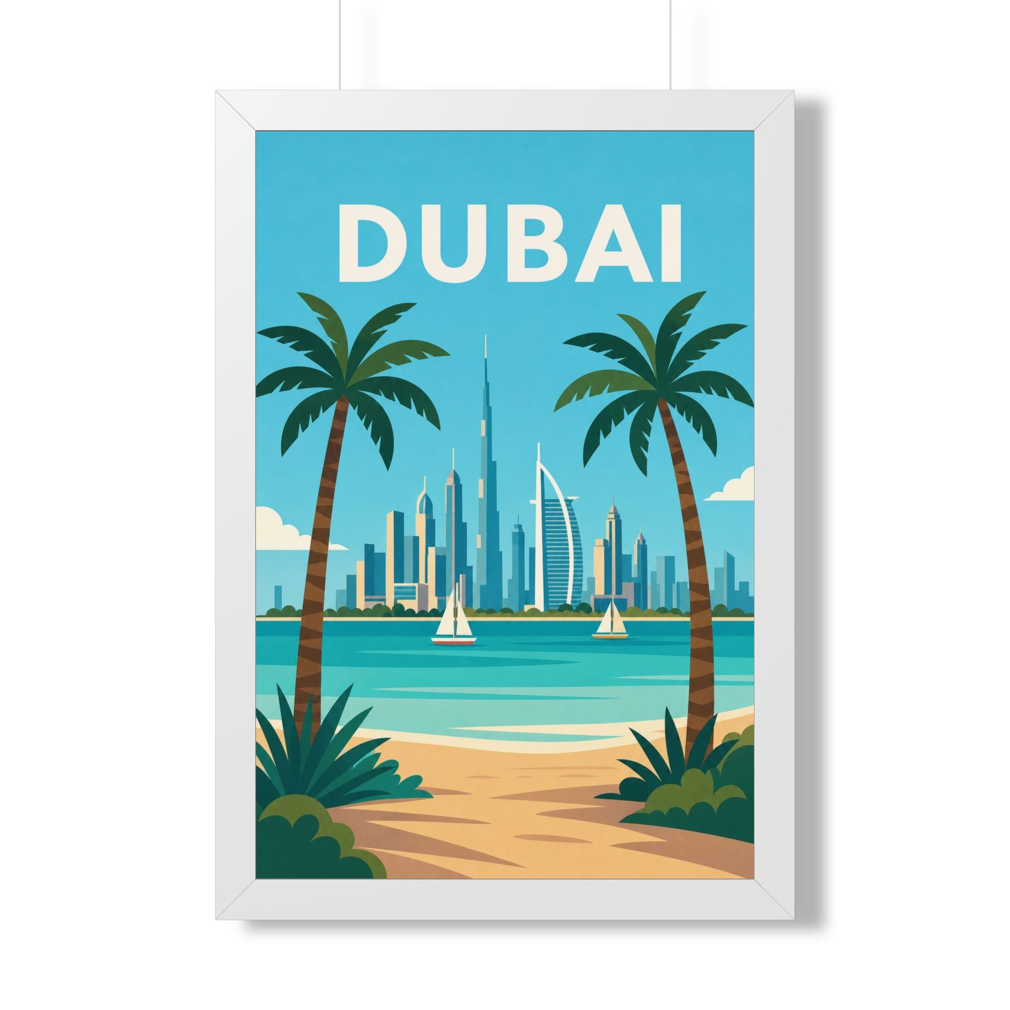 Dubai Beach United Arab Emirates Framed Poster | Vintage Travel Wall Art | Black Walnut White Frame | 16x24 20x30