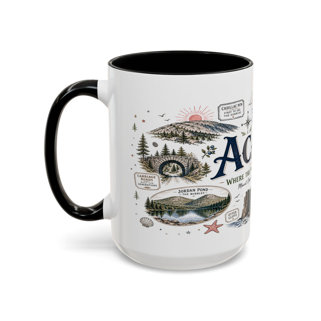 Acadia Coffee Mug | National Park Hiking Coastal Gift | Accent Color Ceramic 11oz 15oz