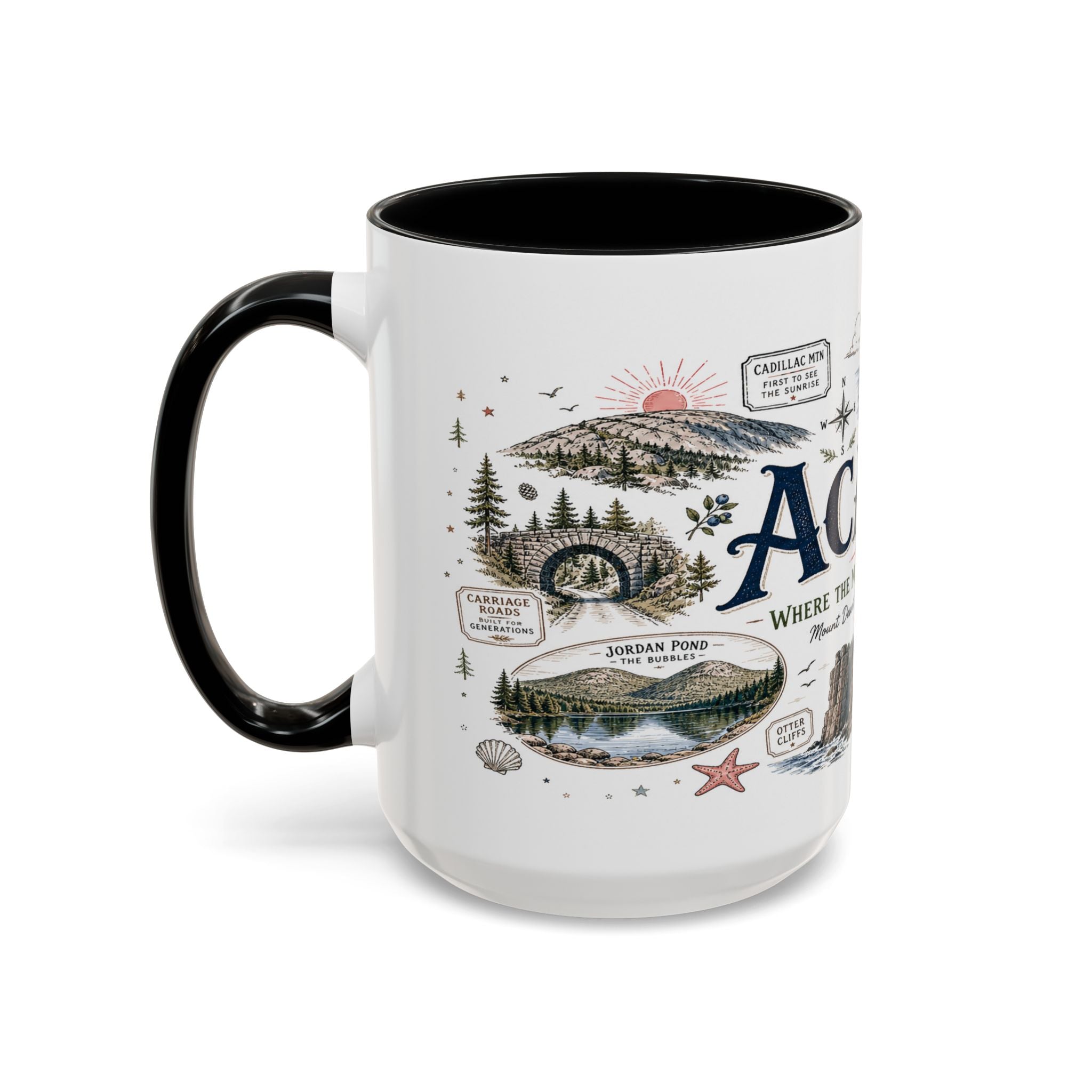 Acadia Coffee Mug | National Park Hiking Coastal Gift | Accent Color Ceramic 11oz 15oz