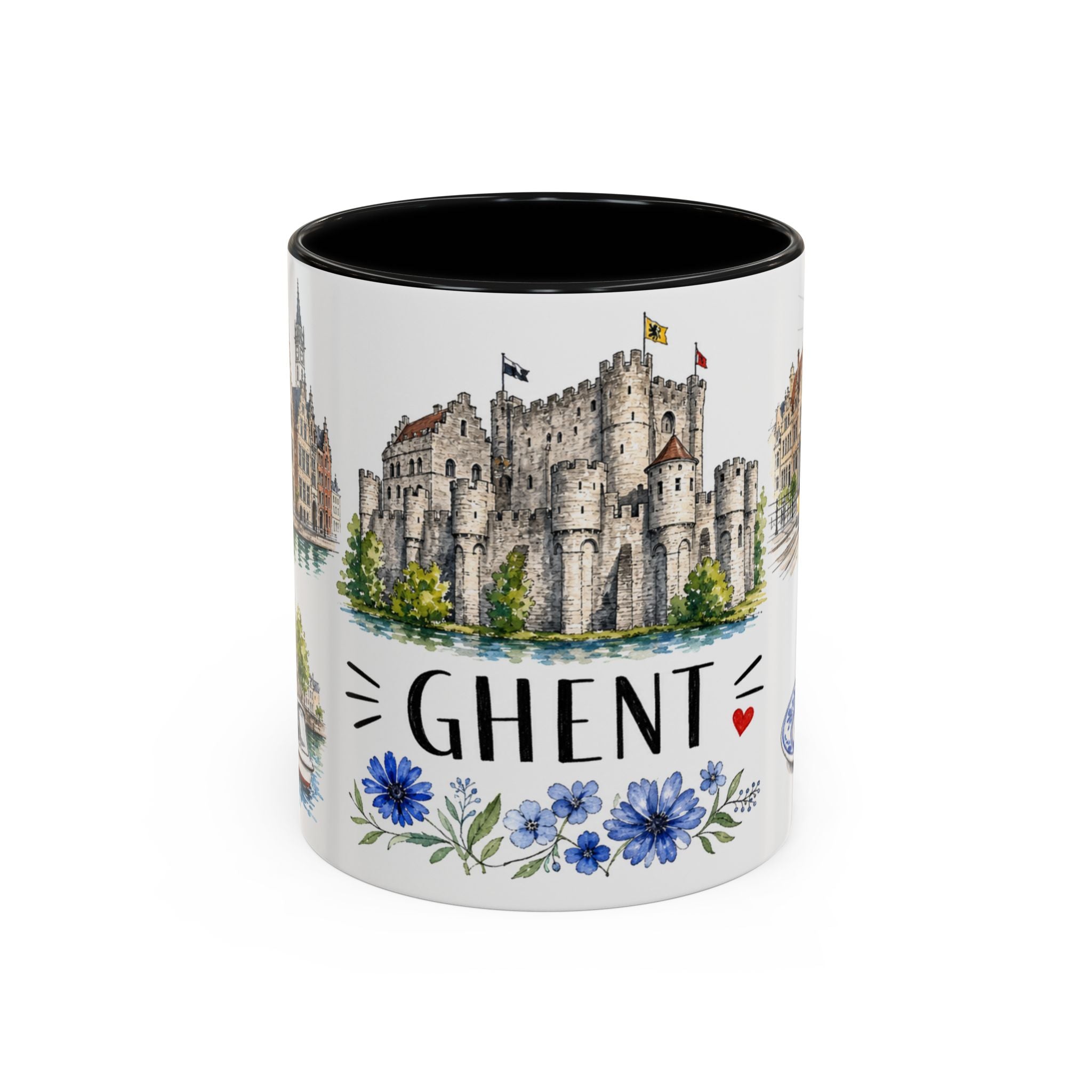 Ghent Illustrated Travel Mug | City Souvenir Accent Coffee Mug | 11oz 15oz Ceramic Cup