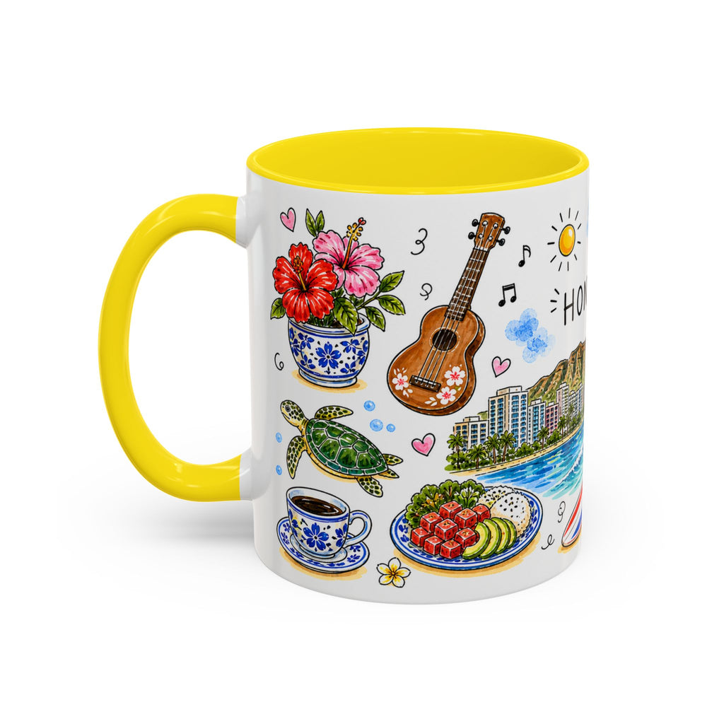 Honolulu Illustrated Travel Mug | City Souvenir Accent Coffee Mug | 11oz 15oz Ceramic Cup