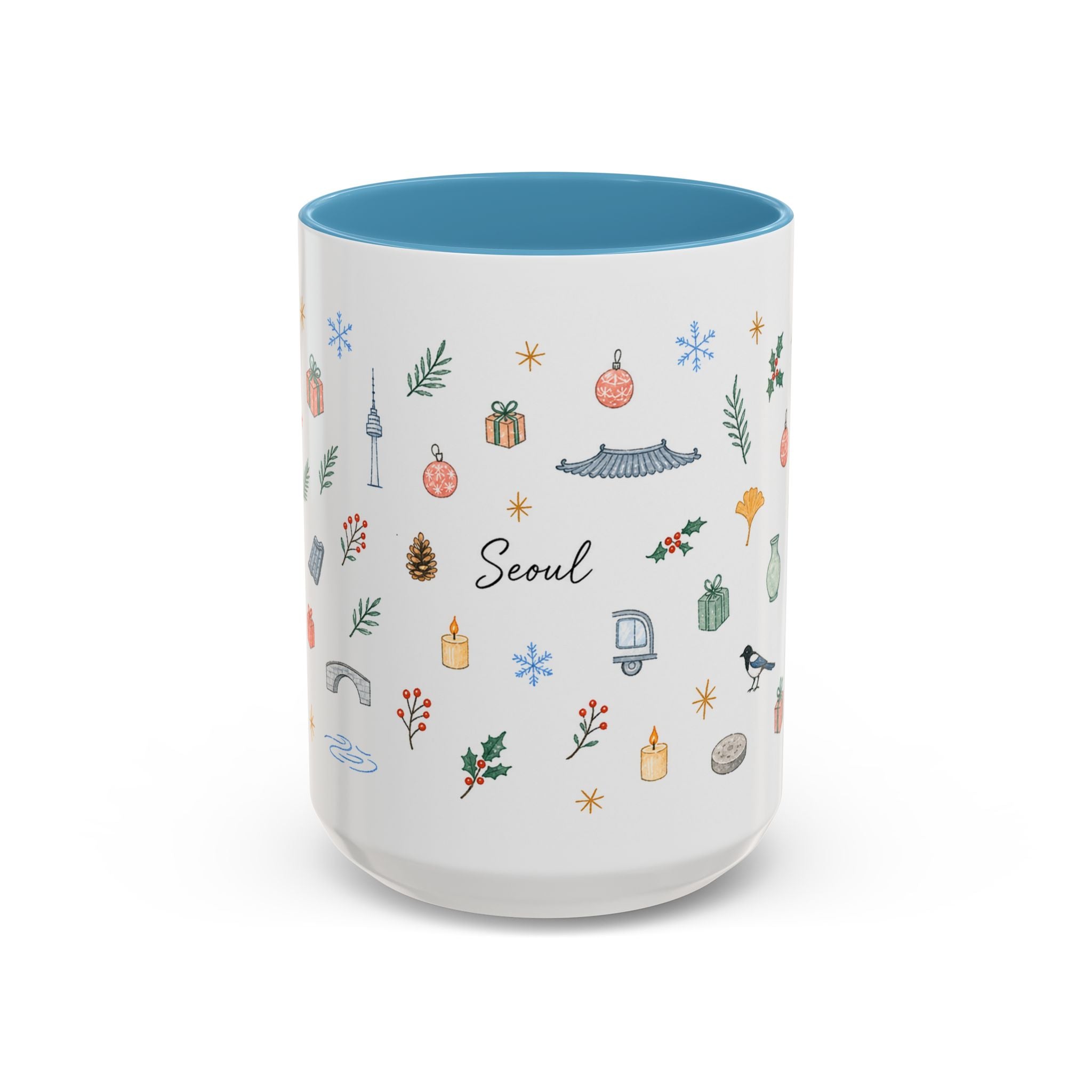 Seoul Christmas Mug | Watercolor Travel Souvenir | Holiday Gift | Accent Ceramic Coffee Cup 11oz 15oz