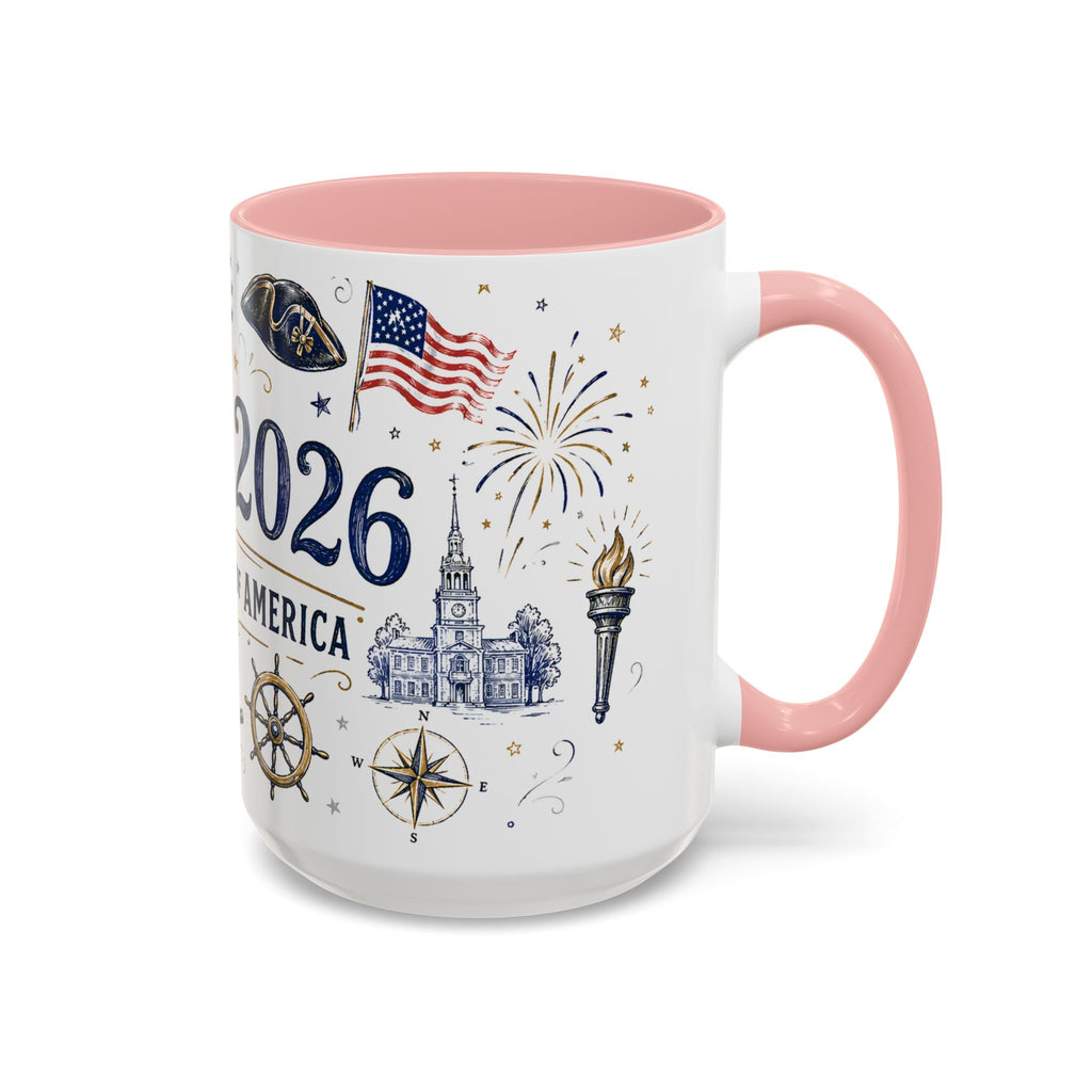 America 250 Coffee Mug | 1776-2026 Patriotic 4th of July Gift | Accent Color Ceramic 11oz 15oz