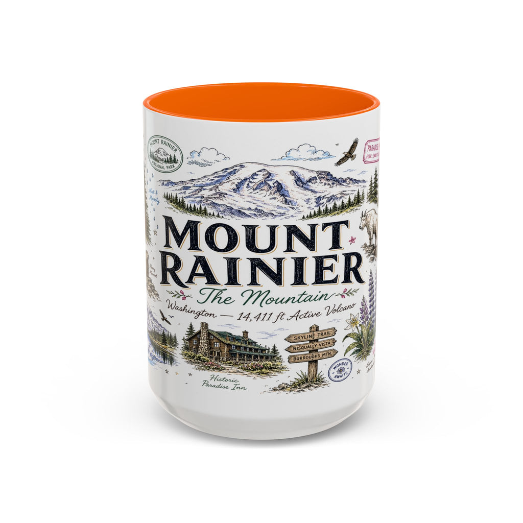 Mount Rainier Coffee Mug | National Park Hiking Washington Gift | Accent Color Ceramic 11oz 15oz