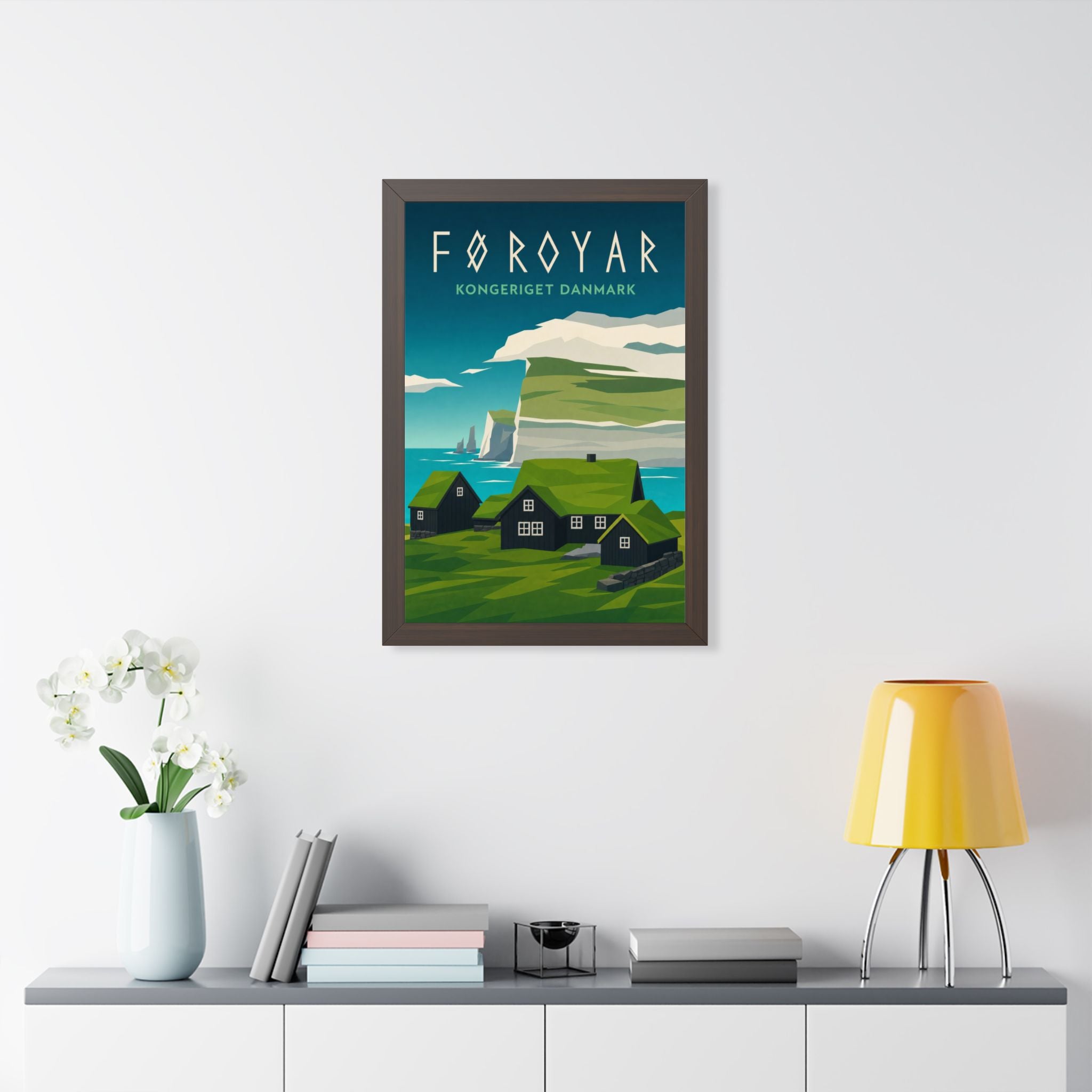 Faroe Islands Denmark Framed Poster | Vintage Travel Wall Art | Black Walnut White Frame | 16x24 20x30