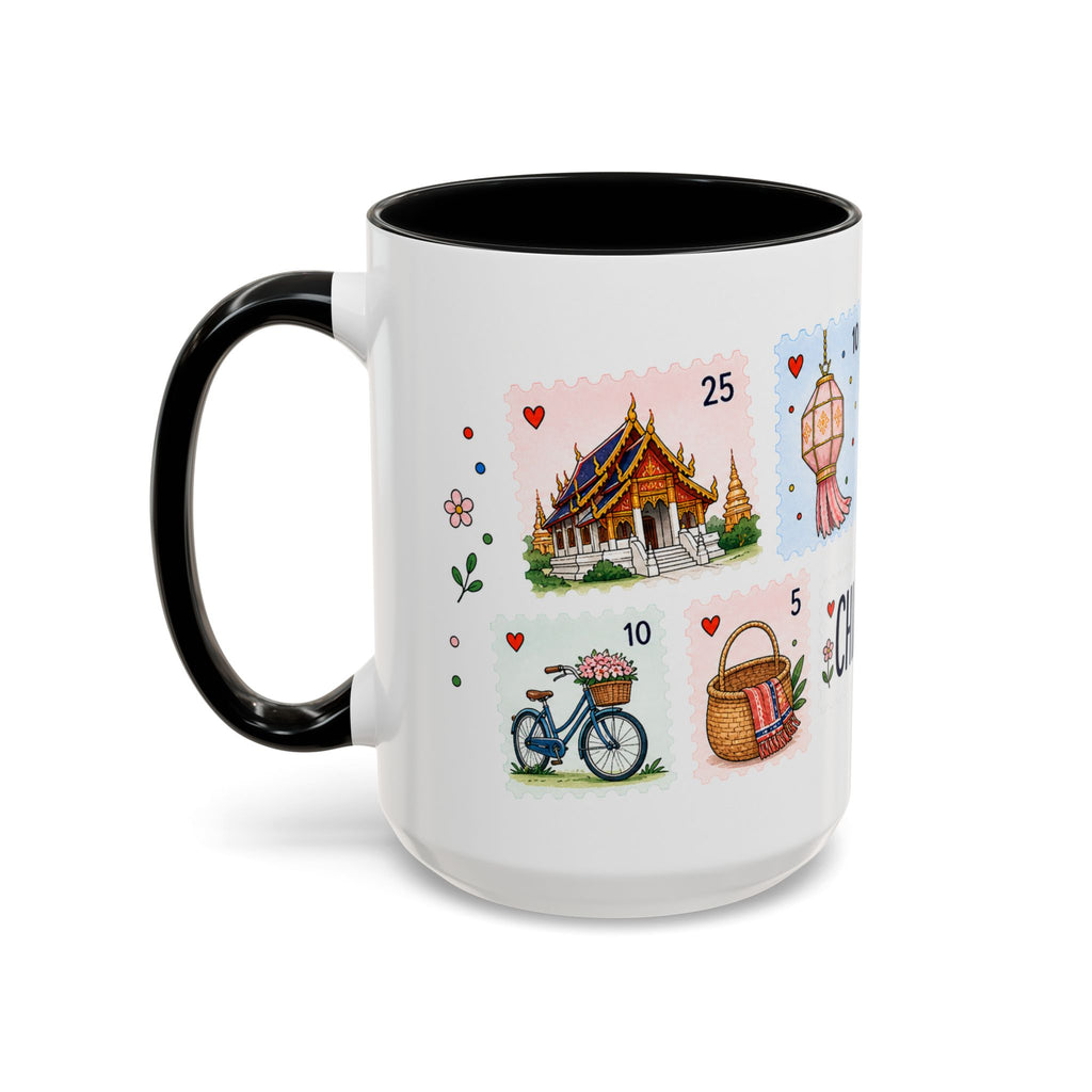 Chiang Mai Coffee Mug | Postage Stamp Collage Mug | Travel Souvenir Accent Cup 11oz 15oz
