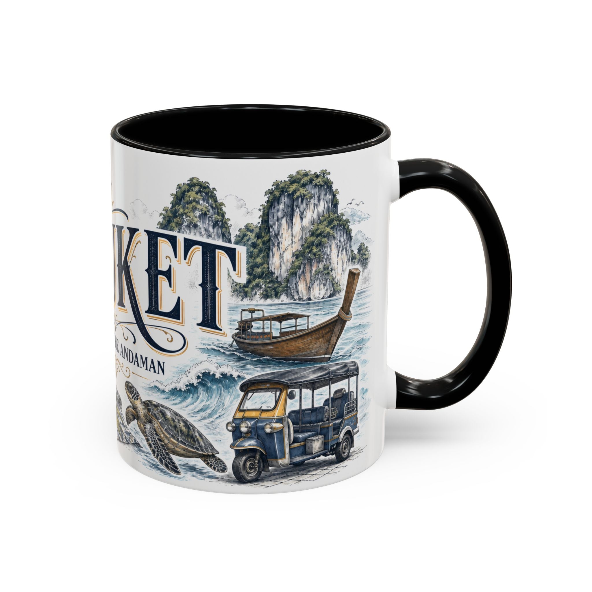 Phuket Coffee Mug | Thailand Travel Souvenir | Vintage Illustrated City Gift | 11 oz 15 oz Accent Mug