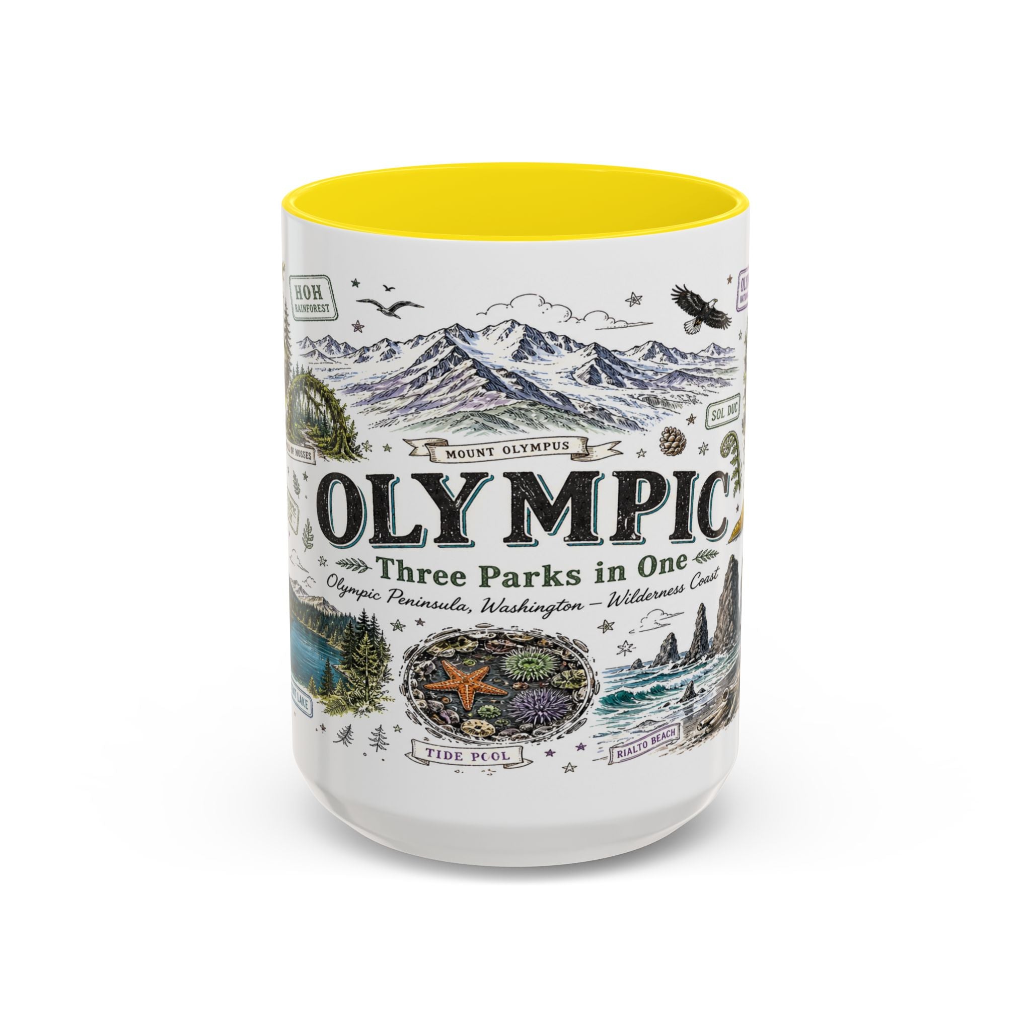 Olympic Coffee Mug | National Park Hiking Rainforest Gift | Accent Color Ceramic 11oz 15oz