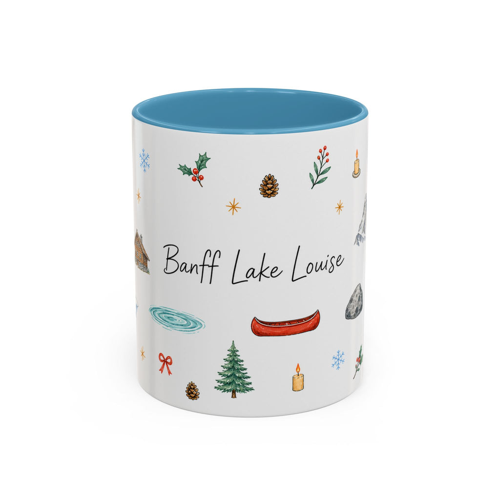 Banff Lake Louise Christmas Mug | Watercolor Travel Souvenir | Holiday Gift | Accent Ceramic Coffee Cup 11oz 15oz