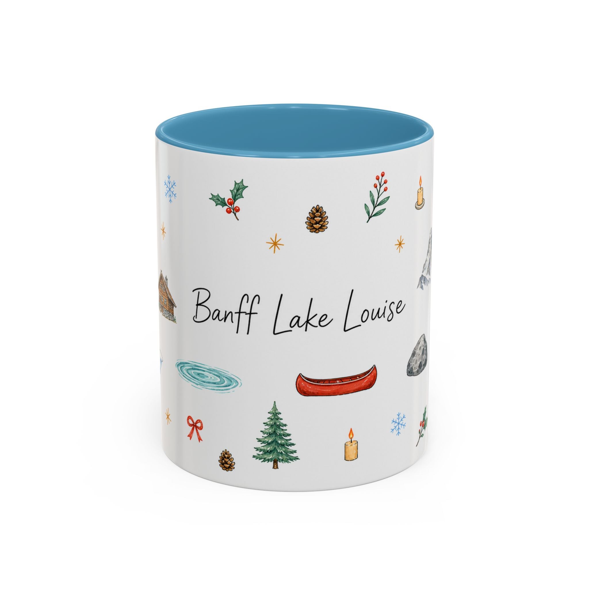 Banff Lake Louise Christmas Mug | Watercolor Travel Souvenir | Holiday Gift | Accent Ceramic Coffee Cup 11oz 15oz