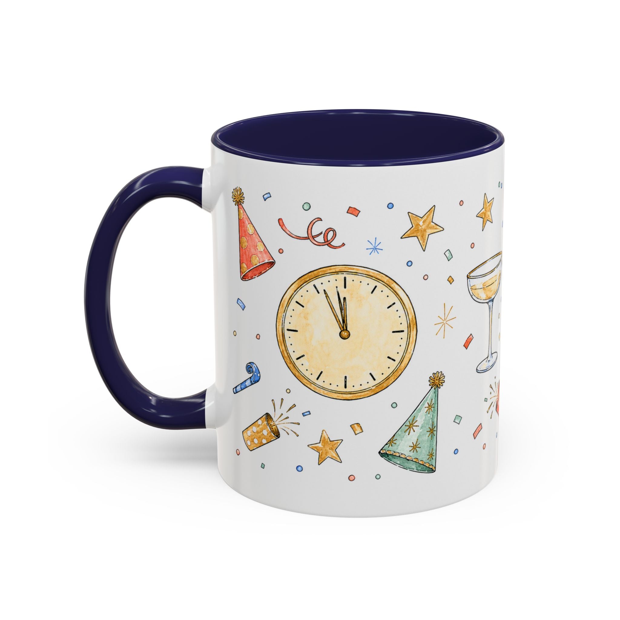 New Year Mug | Midnight Clock Toast Watercolor Celebration Gift | Accent Cup 11oz 15oz