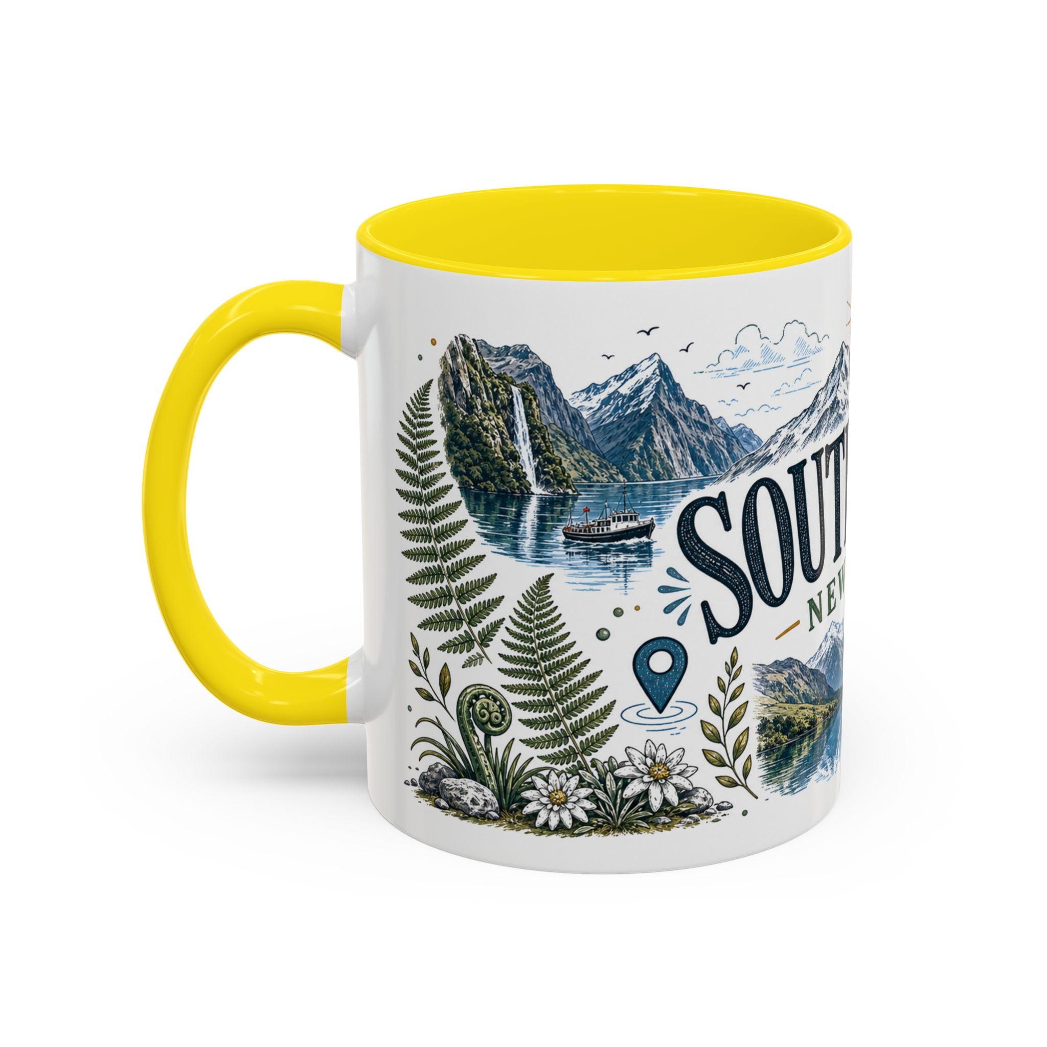 New Zealand South Island Coffee Mug | Travel Destination Souvenir Gift | Accent Color Ceramic 11oz 15oz