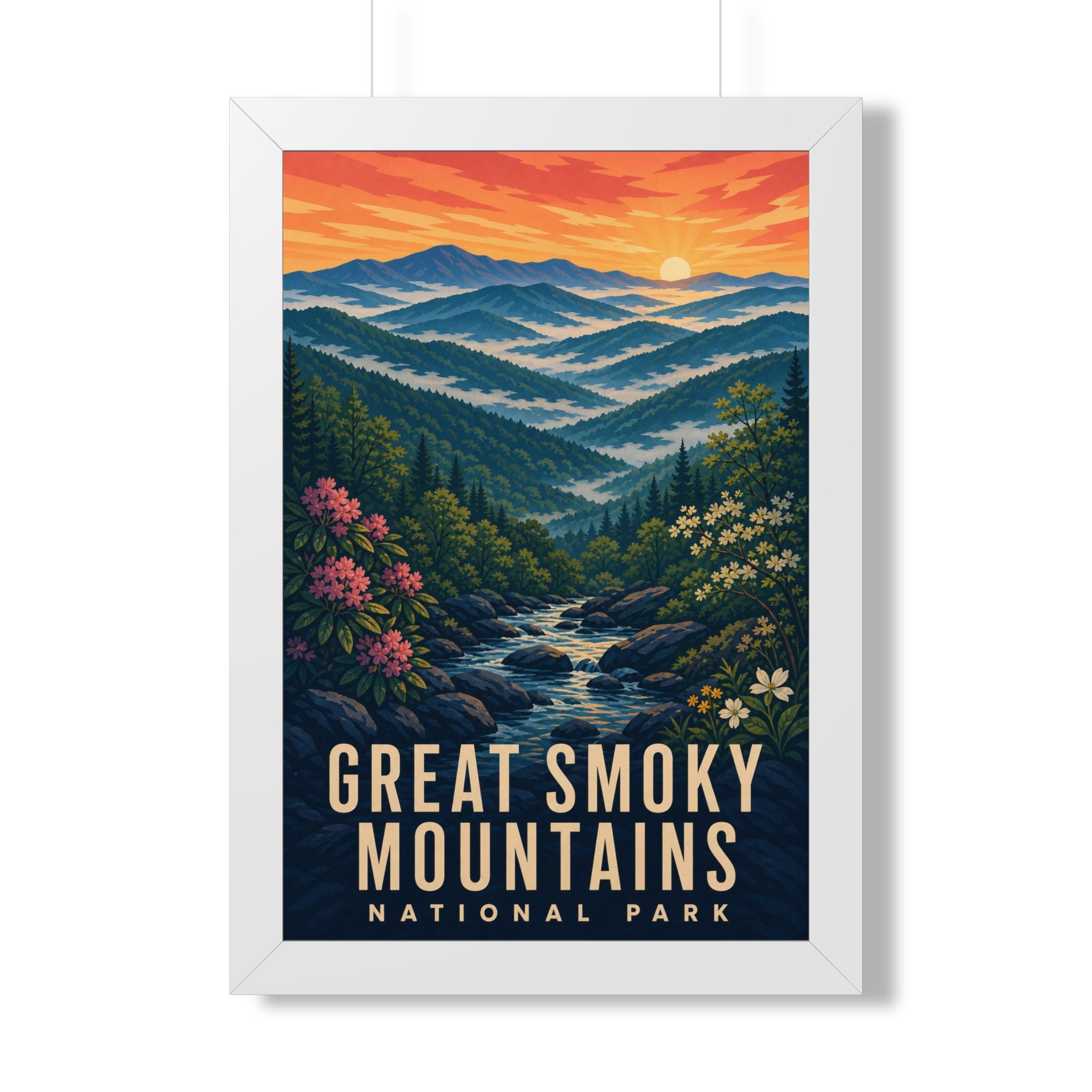 Great Smoky Mountains National Park Framed Poster | Vintage Travel Wall Art | Black Walnut White Frame | 16x24 20x30