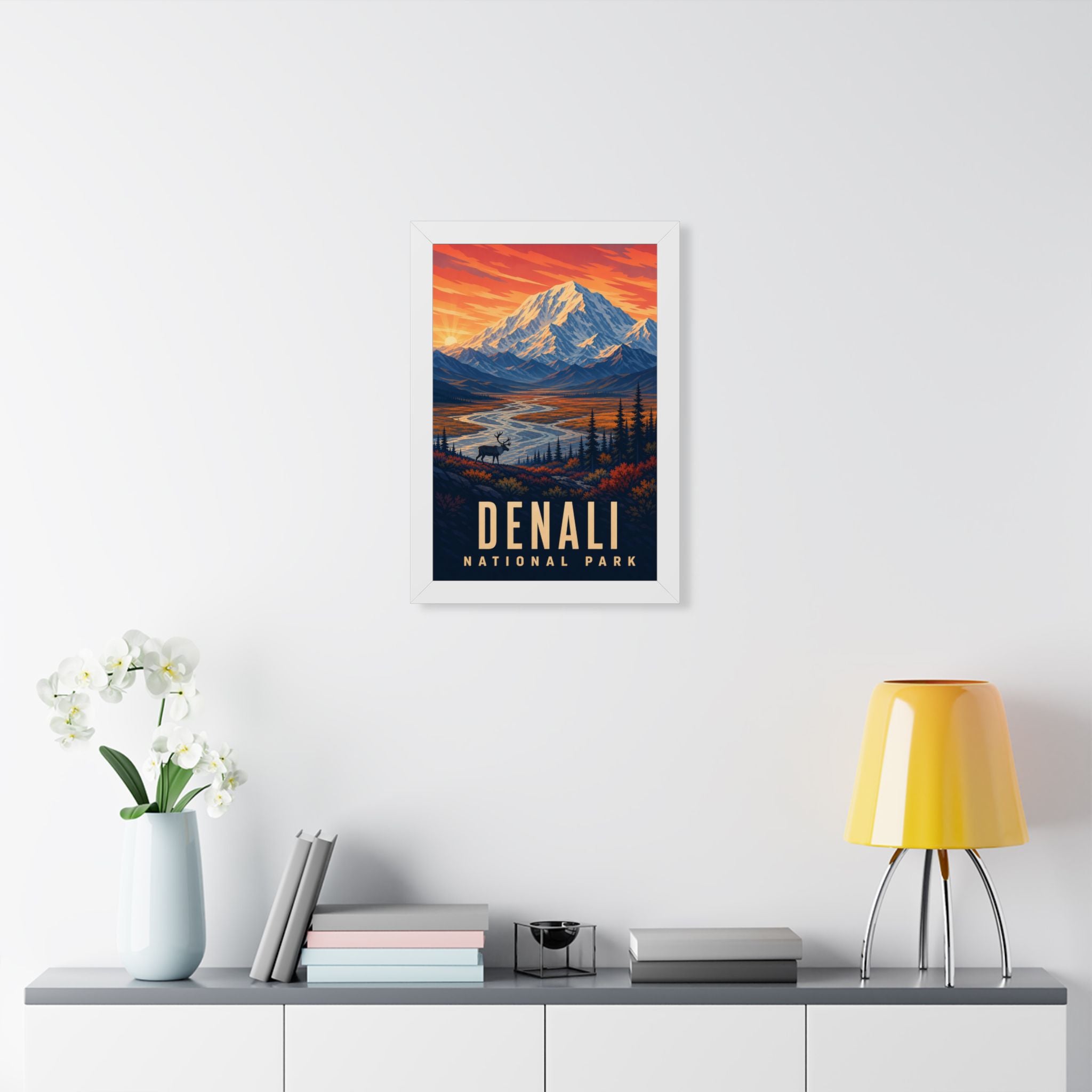 Denali National Park Framed Poster | Vintage Travel Wall Art | Black Walnut White Frame | 16x24 20x30
