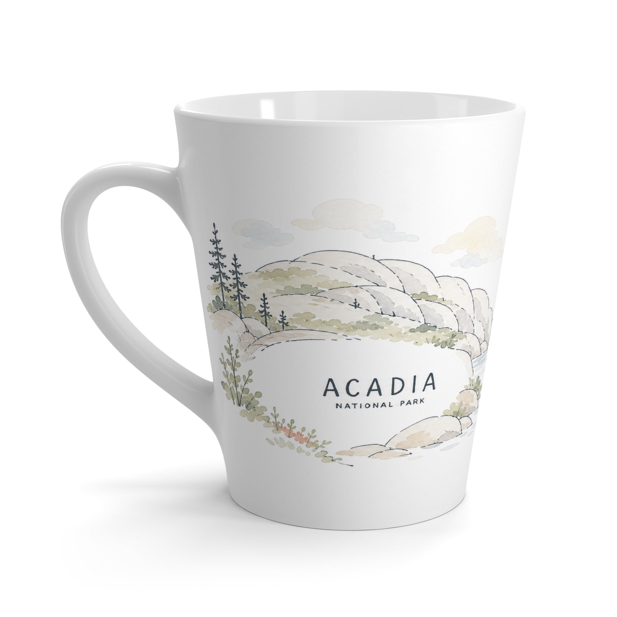 Acadia National Park Latte Mug | Pastel Watercolor Nature Coffee Cup | 12 oz Travel Souvenir Gift