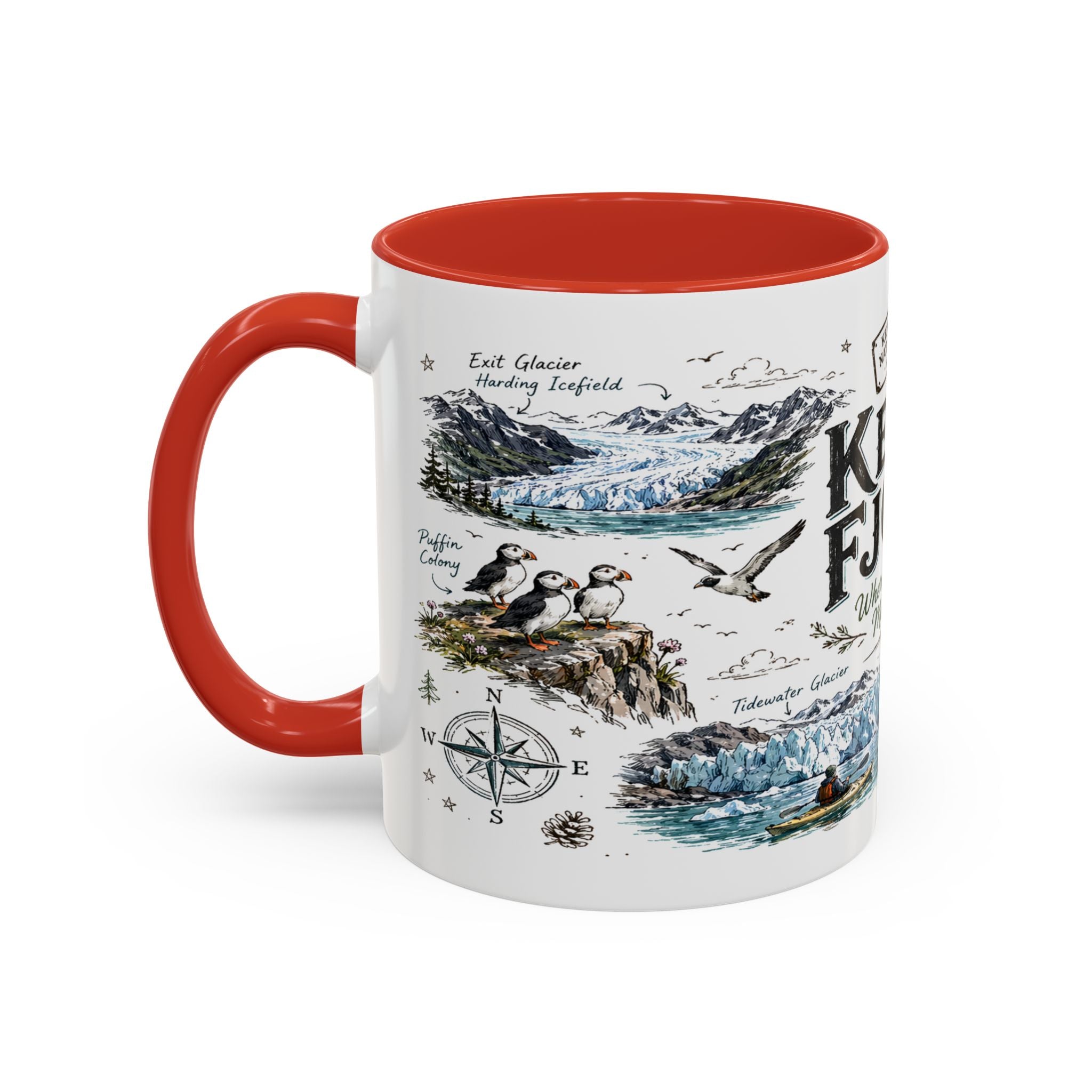 Kenai Fjords National Park Coffee Mug | Alaska Coastal Wildlife Hiking Gift | Accent Color Ceramic 11oz 15oz