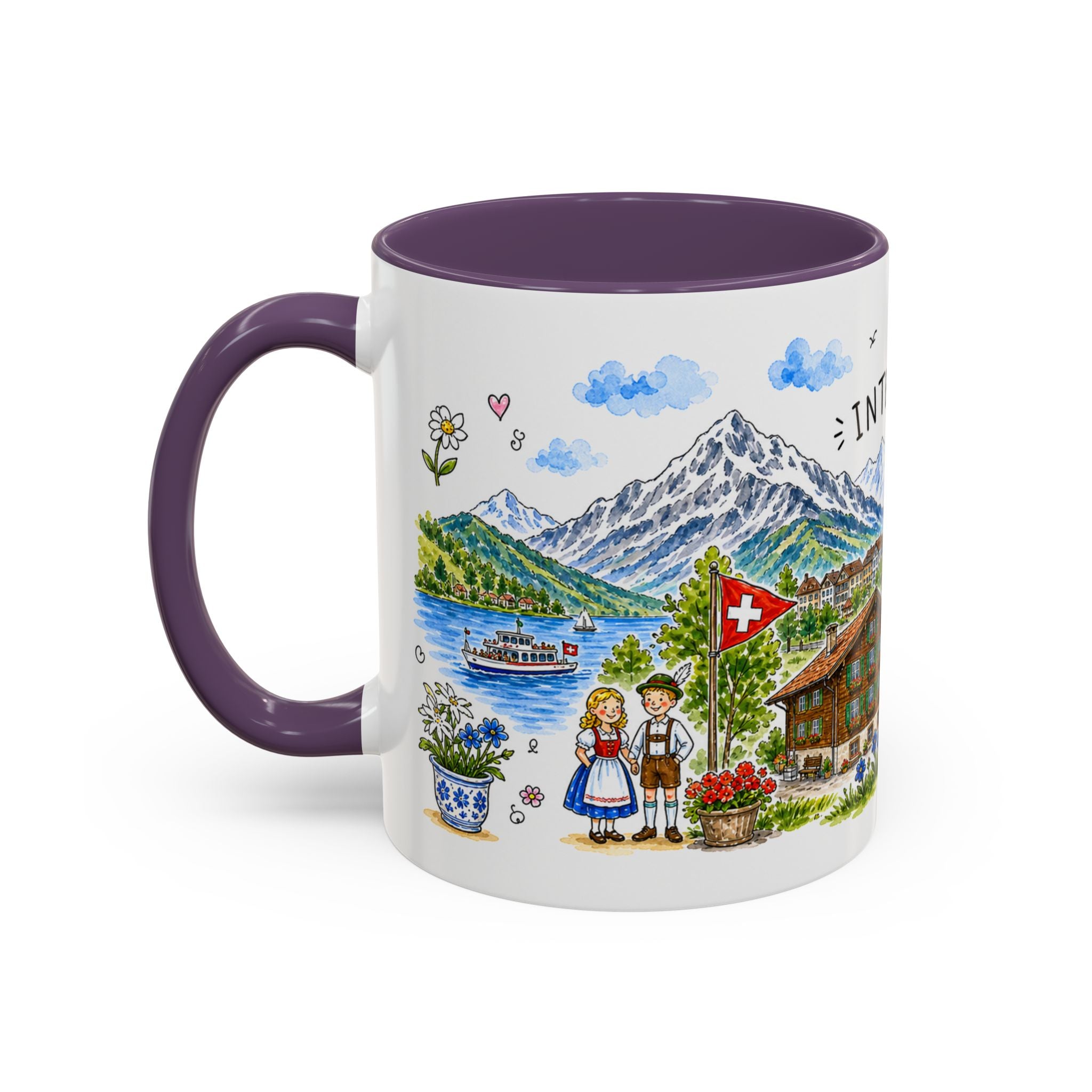 Interlaken Illustrated Travel Mug | Switzerland Souvenir Accent Coffee Mug | 11oz 15oz Ceramic Cup
