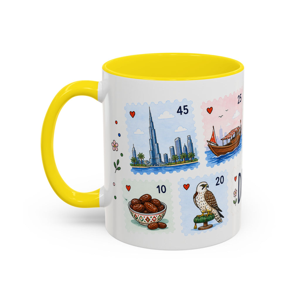 Dubai Coffee Mug | Postage Stamp Collage Mug | Travel Souvenir Accent Cup 11oz 15oz