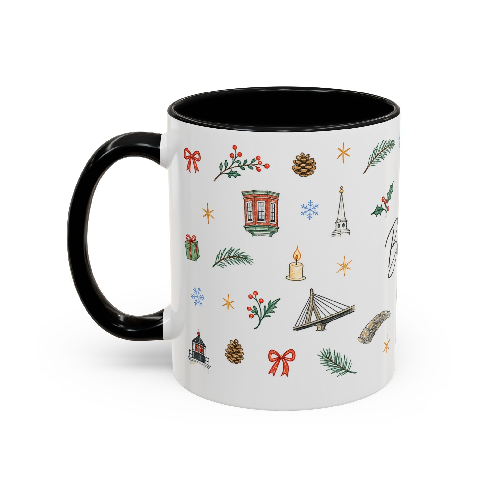 Boston Christmas Mug | Watercolor Travel Souvenir | Holiday Gift | Accent Ceramic Coffee Cup 11oz 15oz