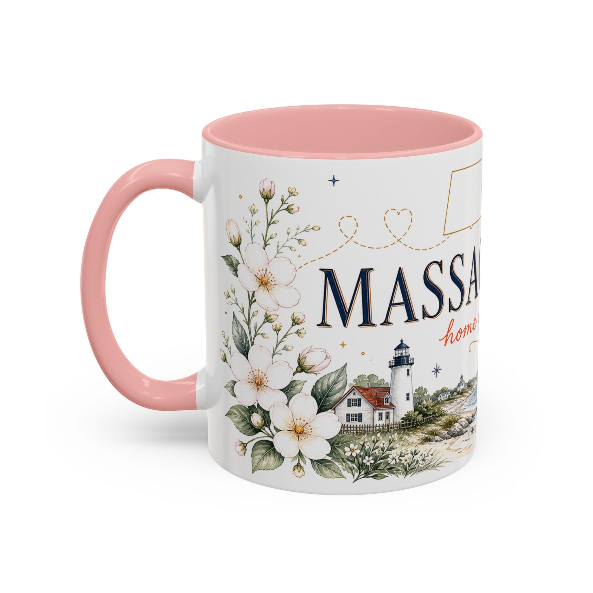 Massachusetts State Map Mug | Coastal Scene, Botanical Accents (11oz, 15oz)