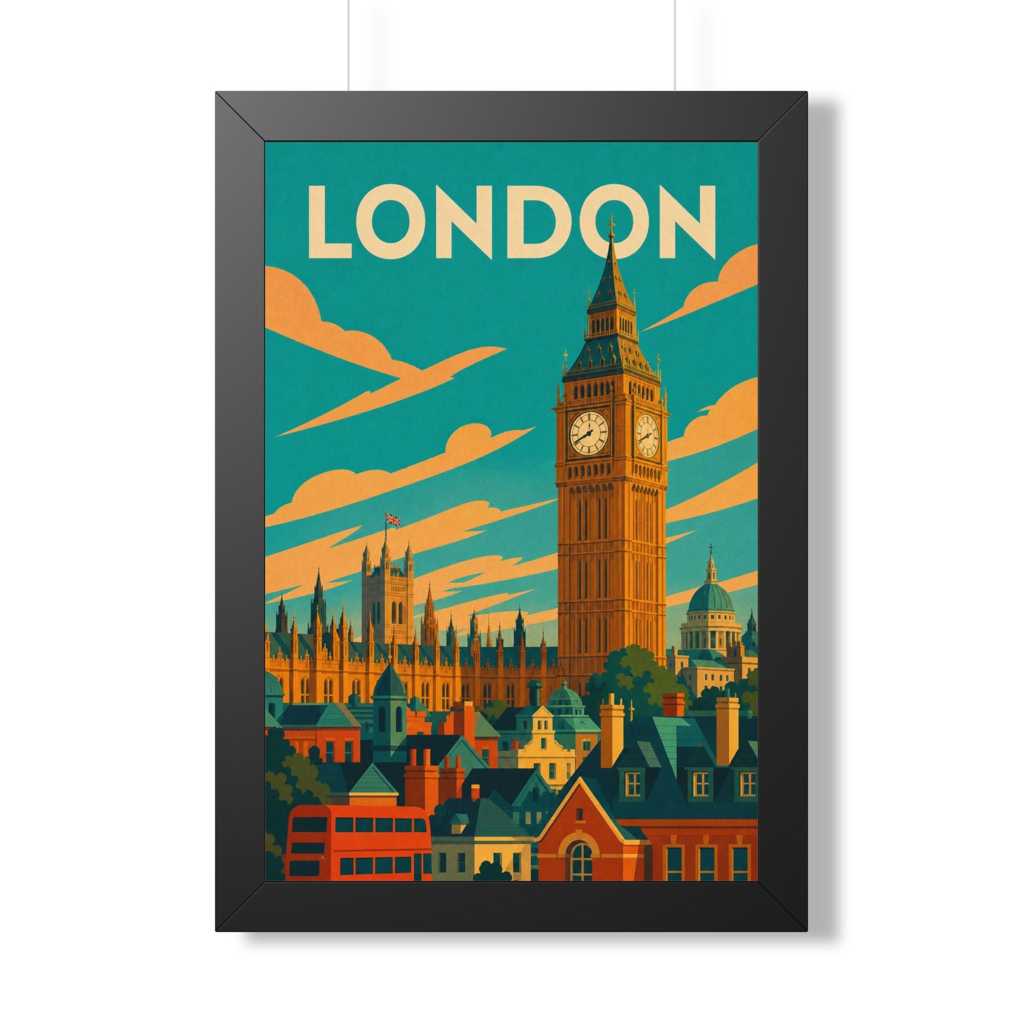 London Big Ben United Kingdom Framed Poster | Vintage Travel Wall Art | Black Walnut White Frame | 16x24 20x30