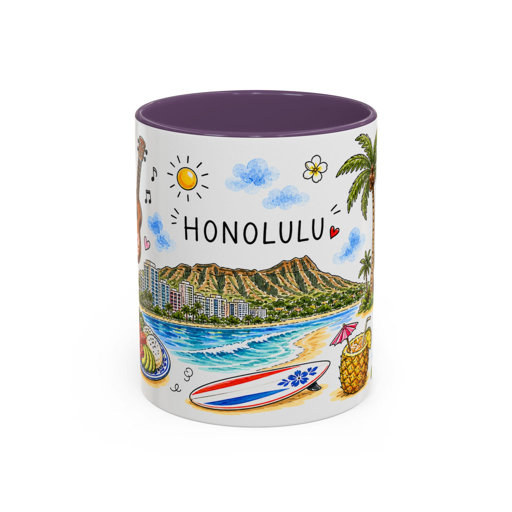 Honolulu Illustrated Travel Mug | City Souvenir Accent Coffee Mug | 11oz 15oz Ceramic Cup