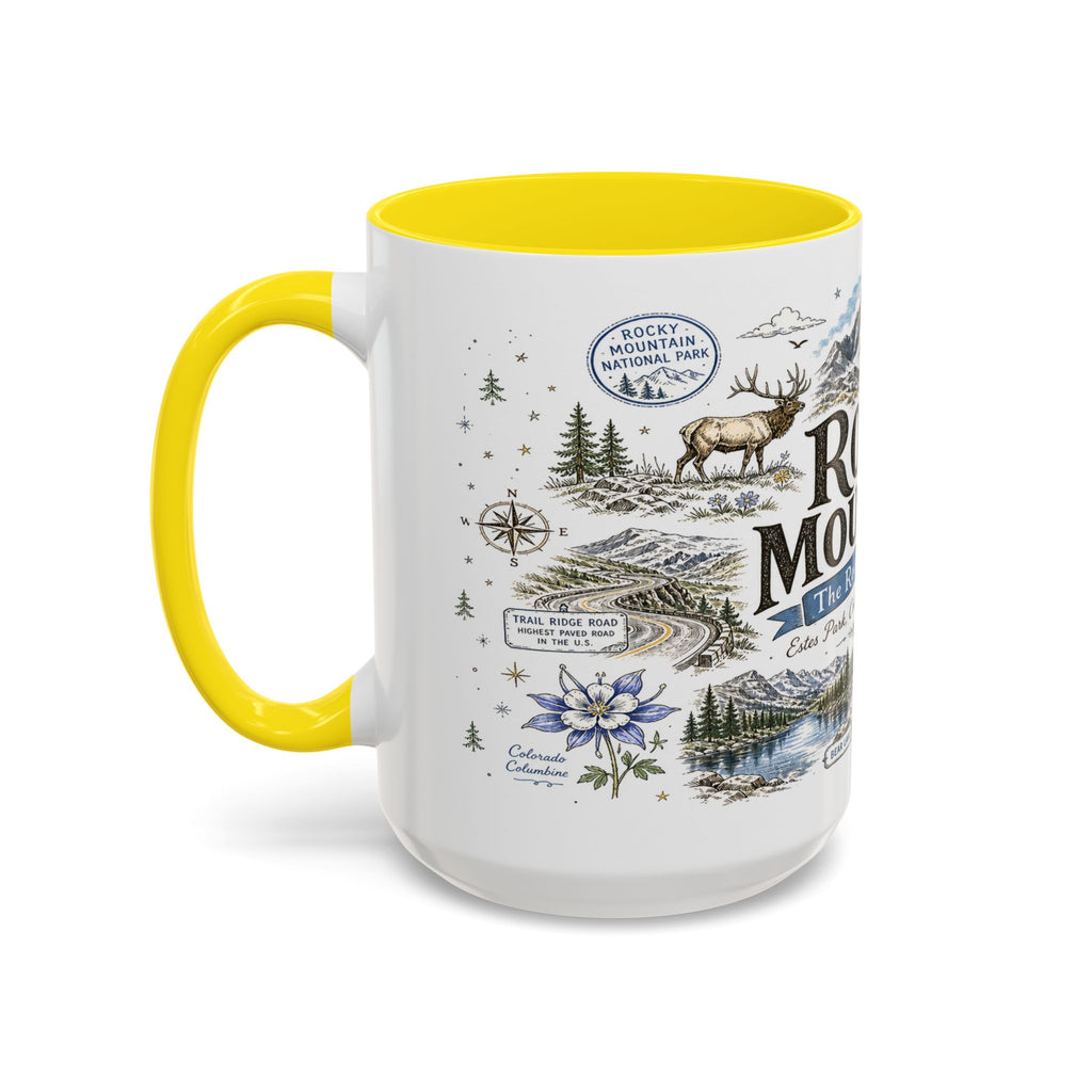Rocky Mountain Coffee Mug | National Park Hiking Camping Gift | Accent Color Ceramic 11oz 15oz